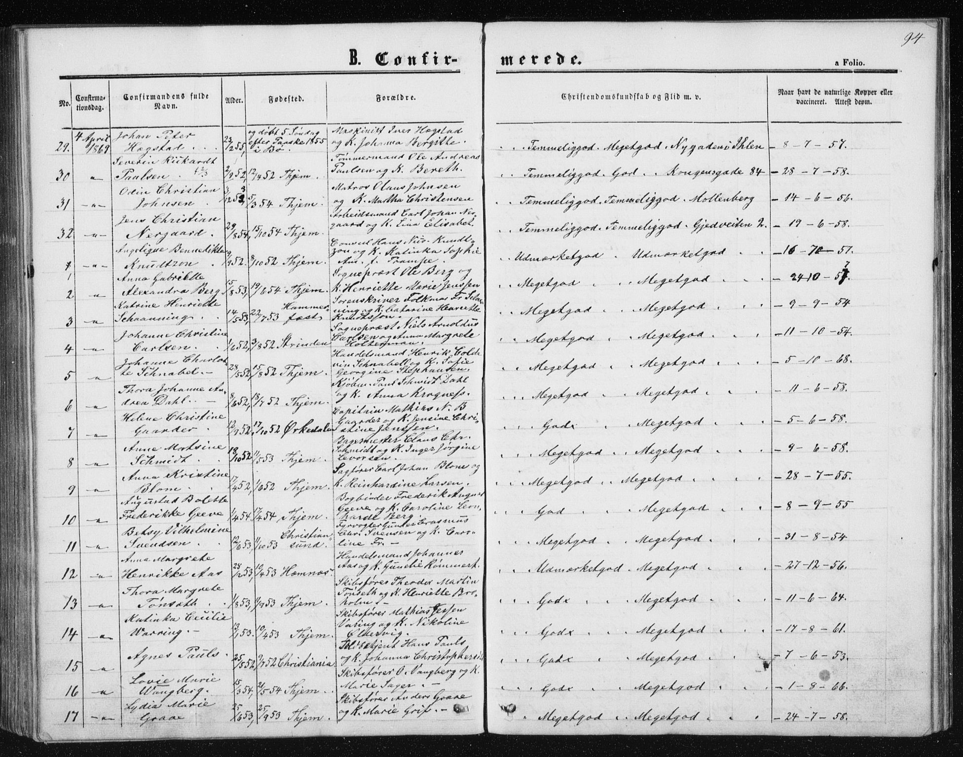 Ministerialprotokoller, klokkerbøker og fødselsregistre - Sør-Trøndelag, SAT/A-1456/602/L0114: Parish register (official) no. 602A12, 1856-1872, p. 94