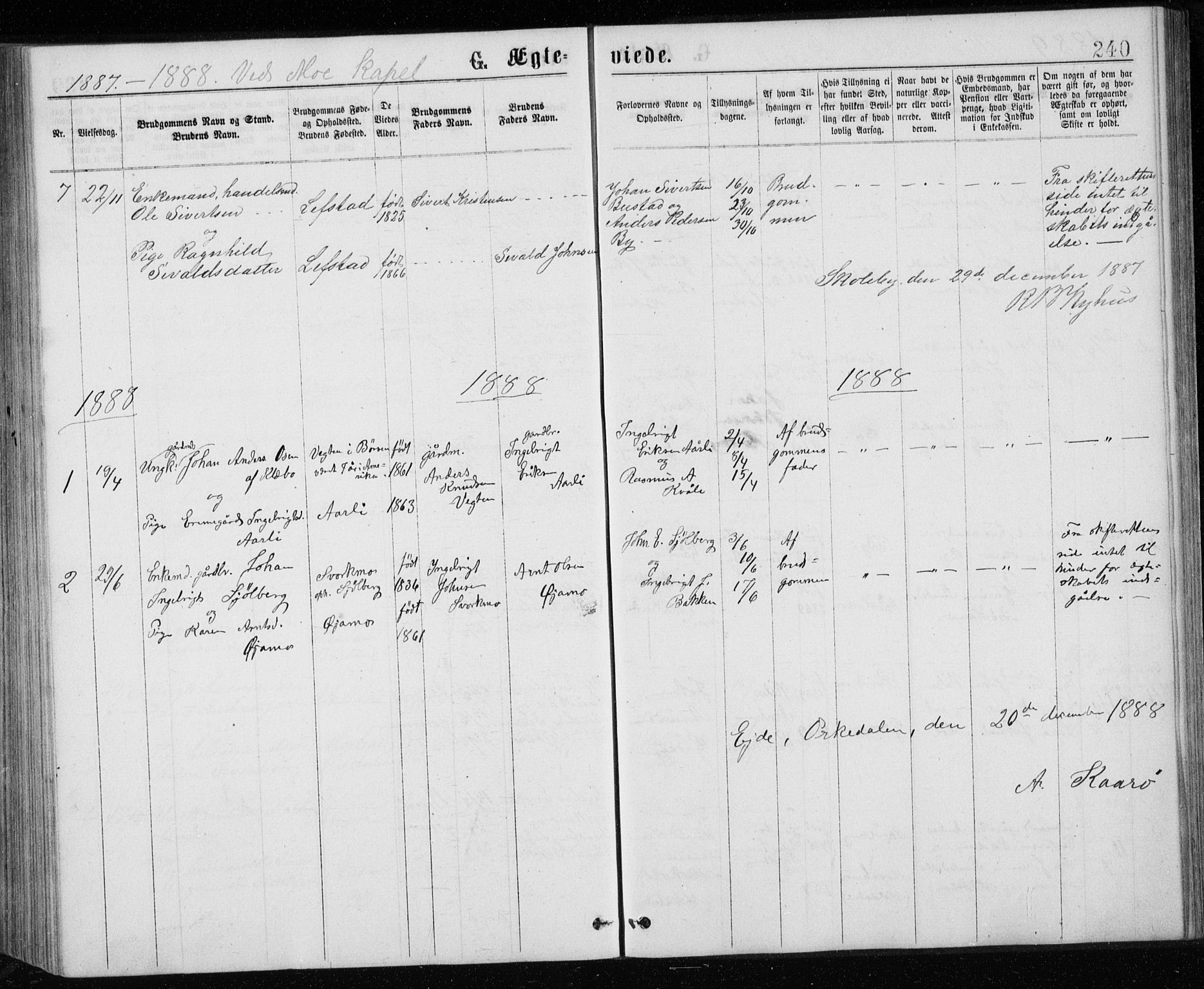 Ministerialprotokoller, klokkerbøker og fødselsregistre - Sør-Trøndelag, SAT/A-1456/671/L0843: Parish register (copy) no. 671C02, 1873-1892, p. 240