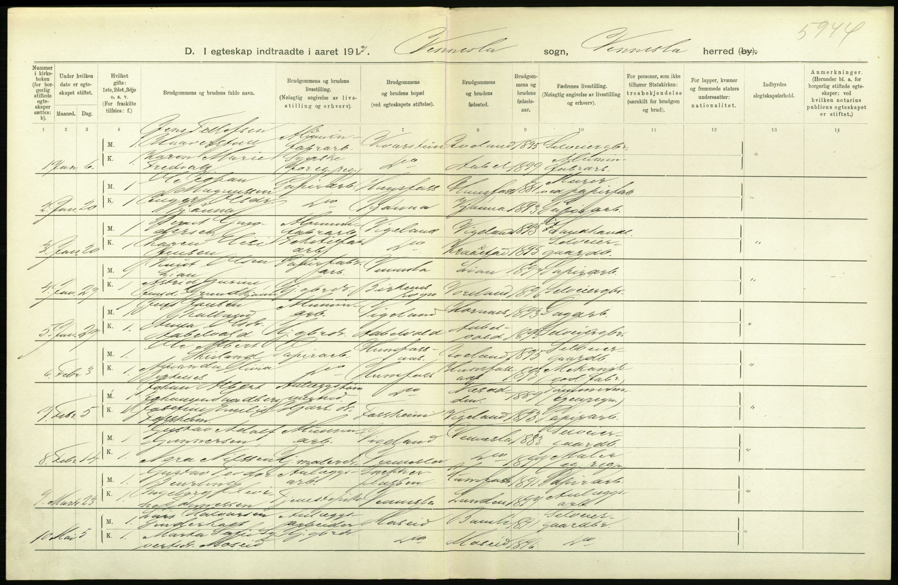 Statistisk sentralbyrå, Sosiodemografiske emner, Befolkning, AV/RA-S-2228/D/Df/Dfb/Dfbg/L0030: Lister og Mandals amt: Gifte, døde, dødfødte. Bygder og byer., 1917, p. 352