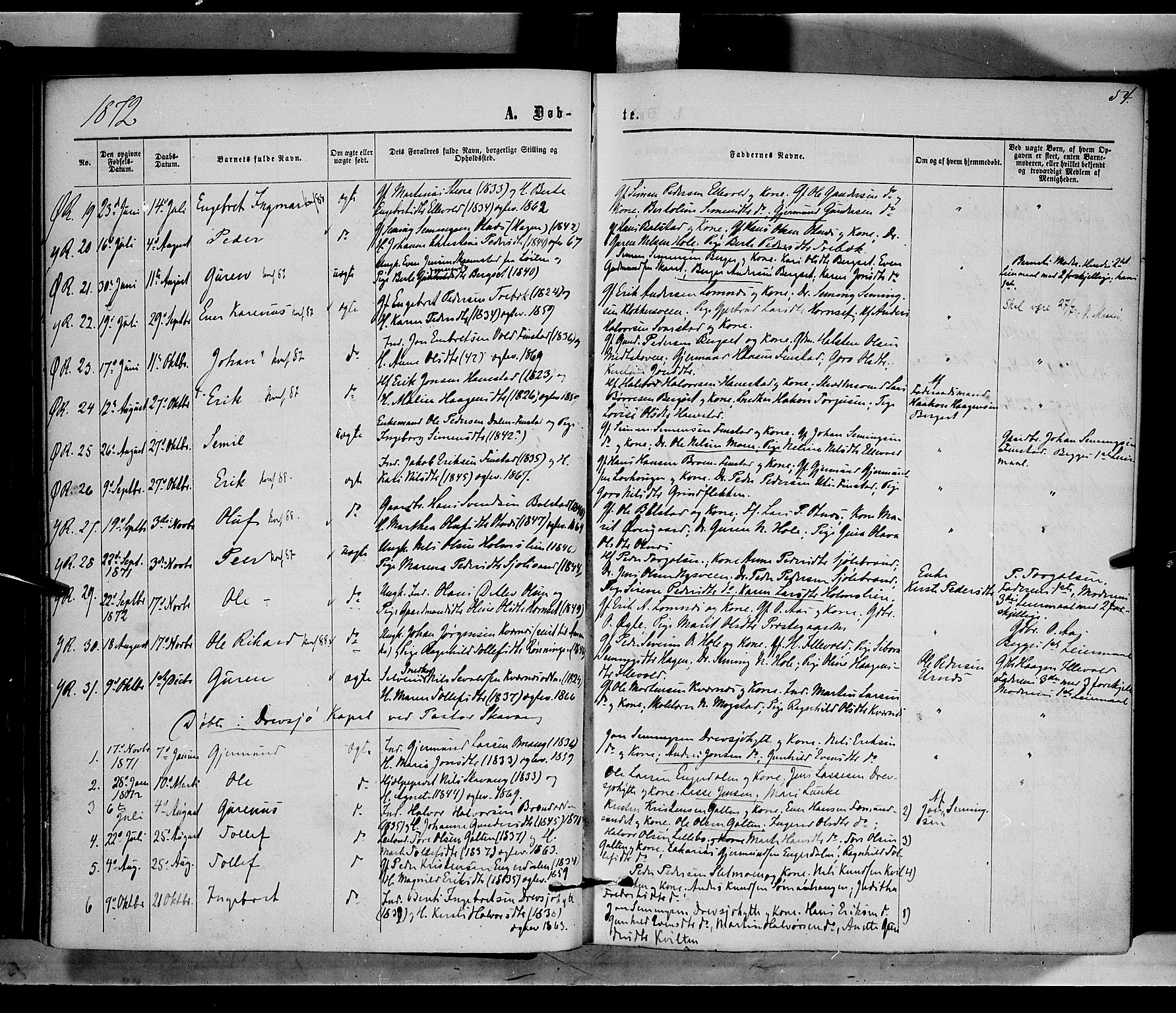 Rendalen prestekontor, AV/SAH-PREST-054/H/Ha/Haa/L0006: Parish register (official) no. 6, 1867-1877, p. 54