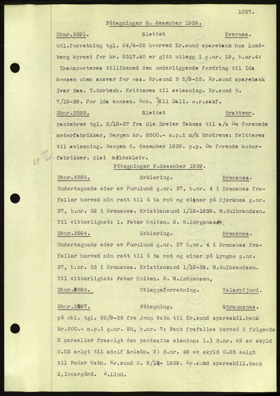 Nordmøre sorenskriveri, AV/SAT-A-4132/1/2/2Ca: Mortgage book no. C80, 1936-1939, Diary no: : 3591/1939