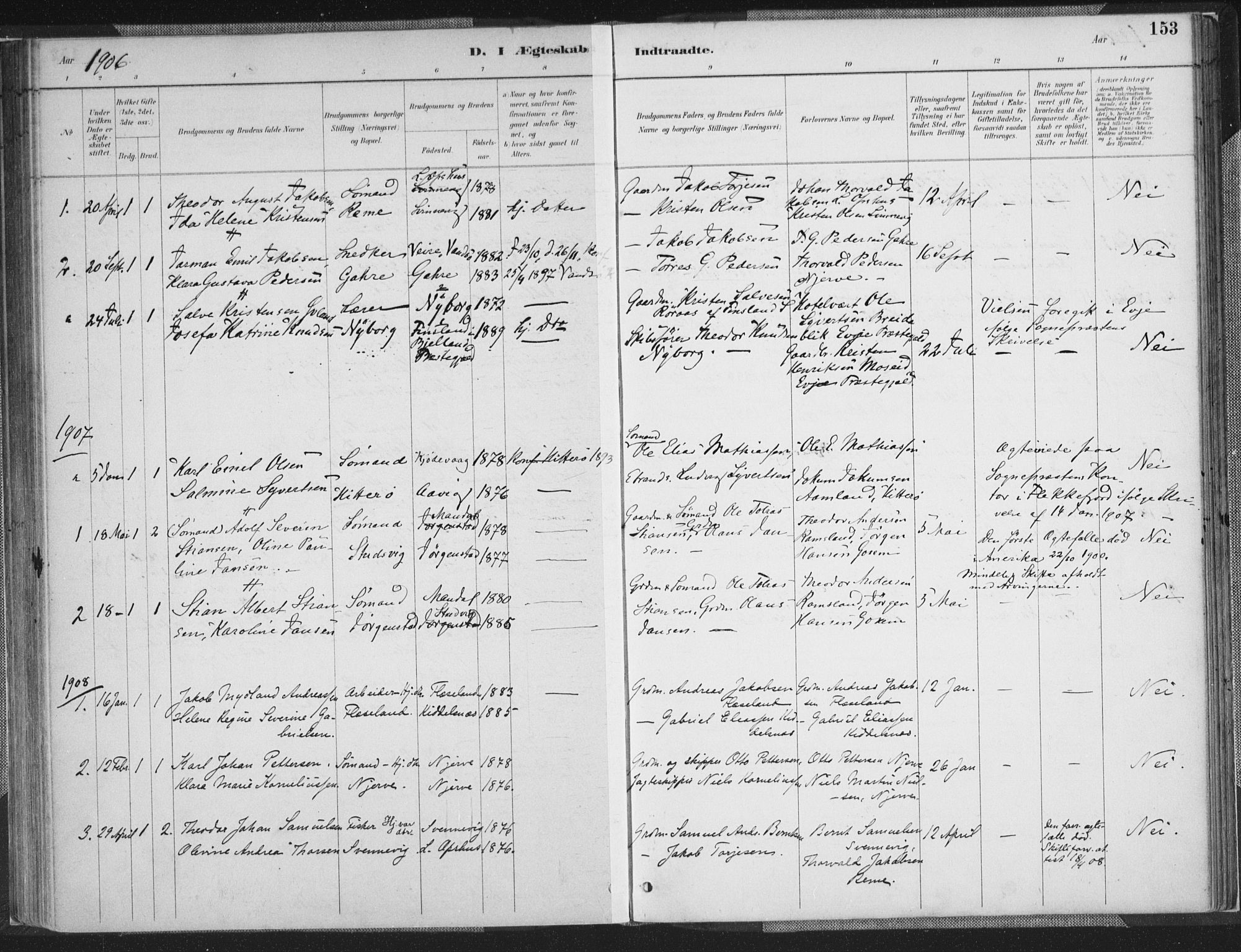 Sør-Audnedal sokneprestkontor, AV/SAK-1111-0039/F/Fa/Faa/L0004: Parish register (official) no. A 4, 1884-1909, p. 153