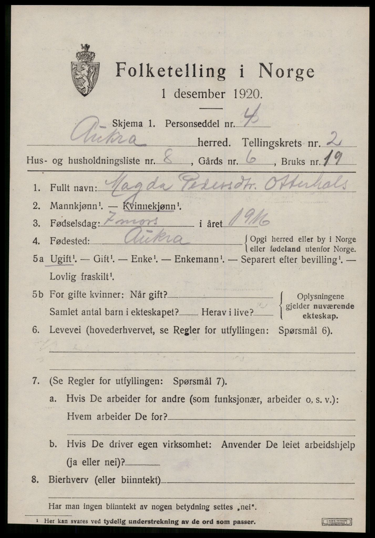 SAT, 1920 census for Aukra, 1920, p. 1717