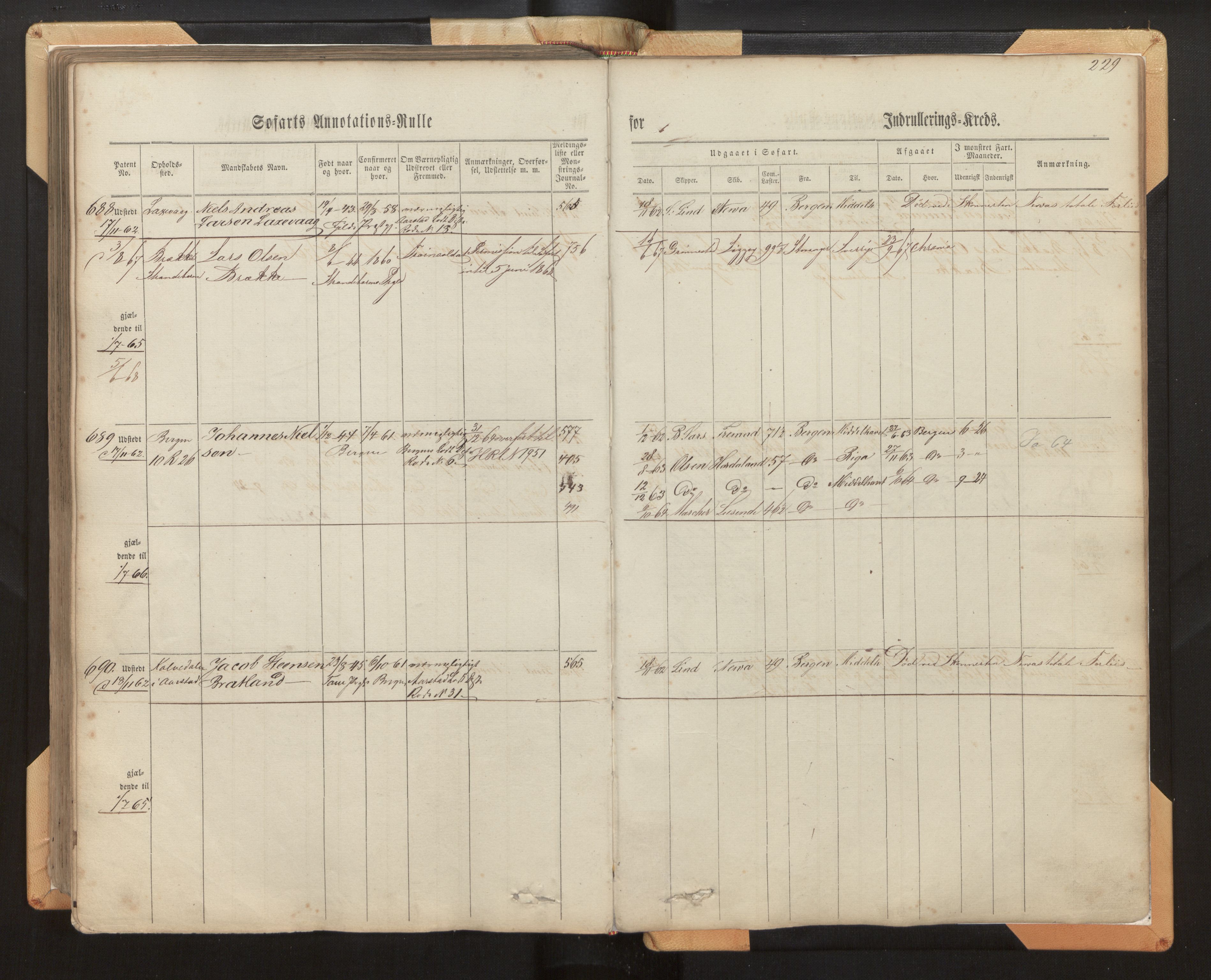 Innrulleringssjefen i Bergen, AV/SAB-A-100050/F/Fh/L0005: Sjøfarts- og annotasjonsrulle for Bergen krets, fol. 1 - 238, 1860-1867, p. 229