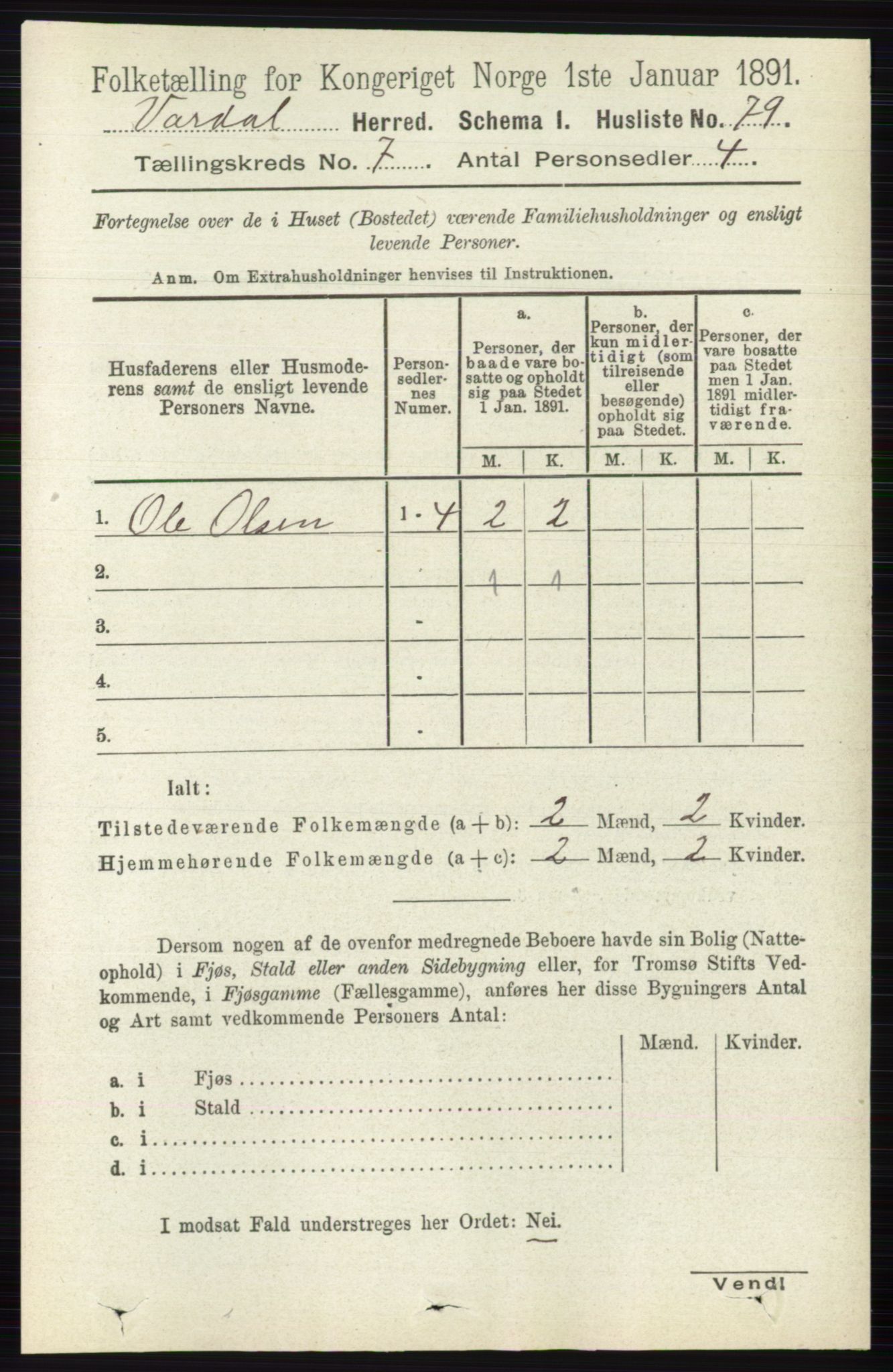 RA, 1891 census for 0527 Vardal, 1891, p. 2961