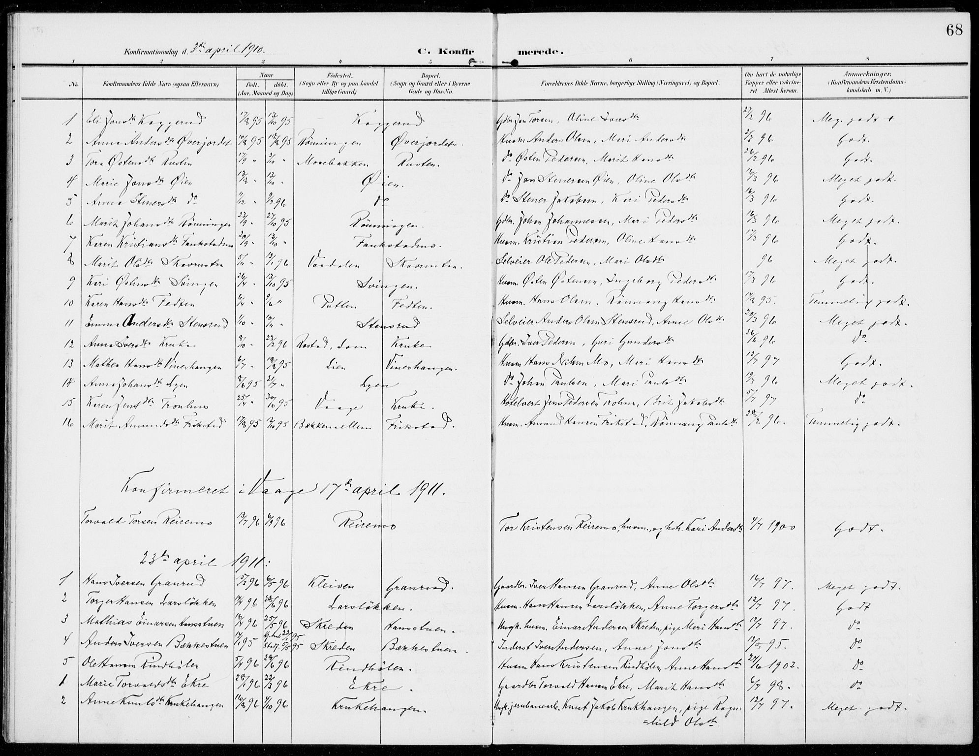 Sel prestekontor, SAH/PREST-074/H/Ha/Haa/L0001: Parish register (official) no. 1, 1905-1922, p. 68