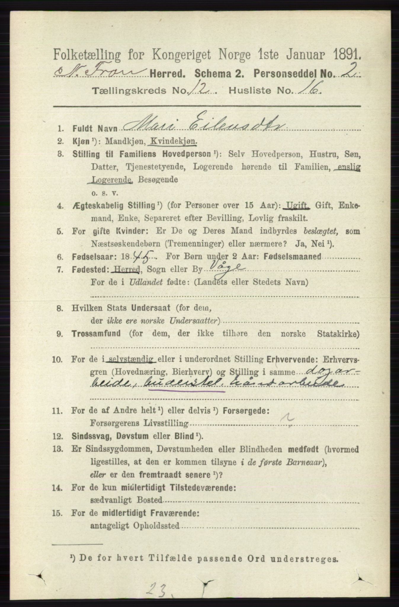 RA, 1891 census for 0518 Nord-Fron, 1891, p. 5182