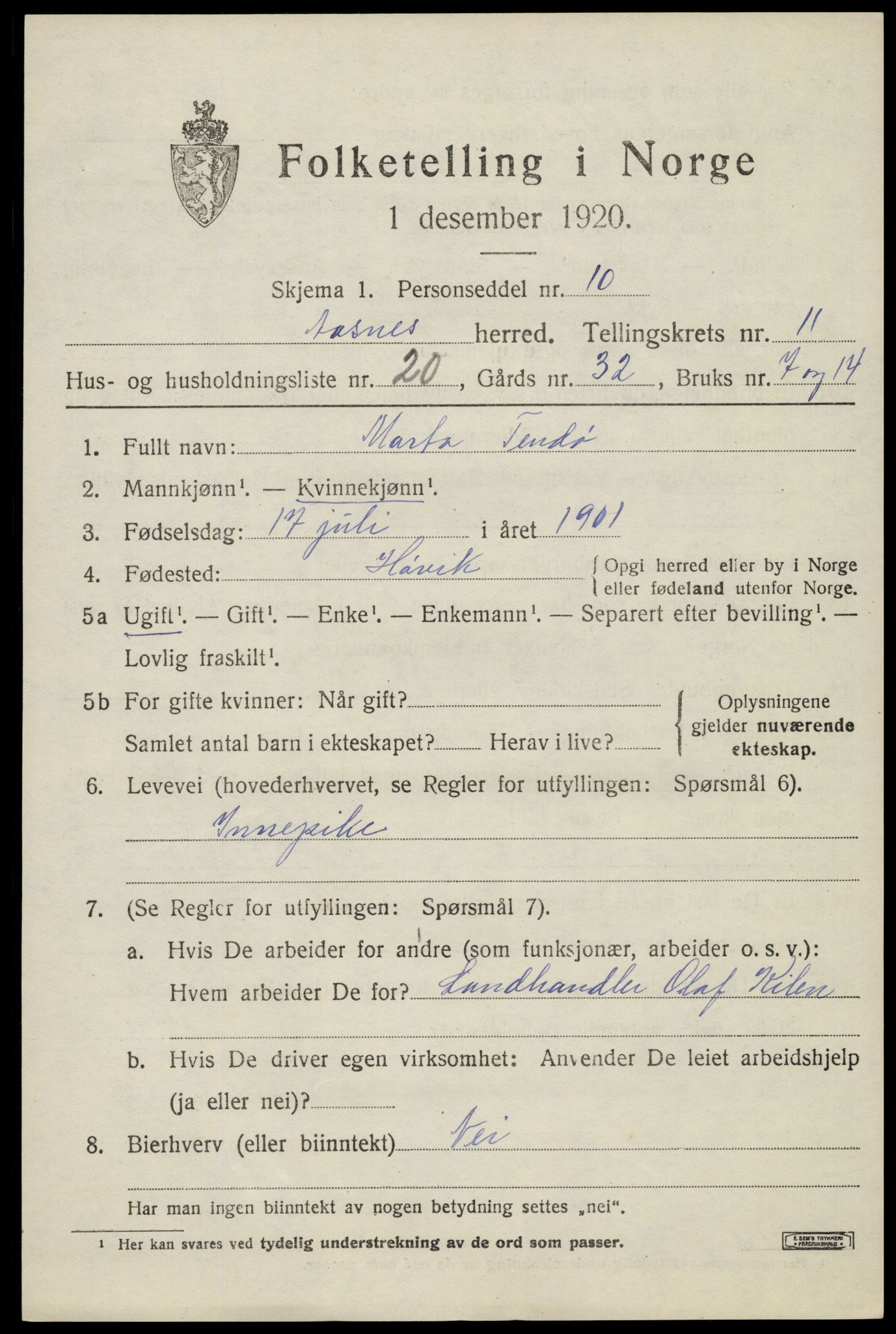 SAH, 1920 census for Åsnes, 1920, p. 11740