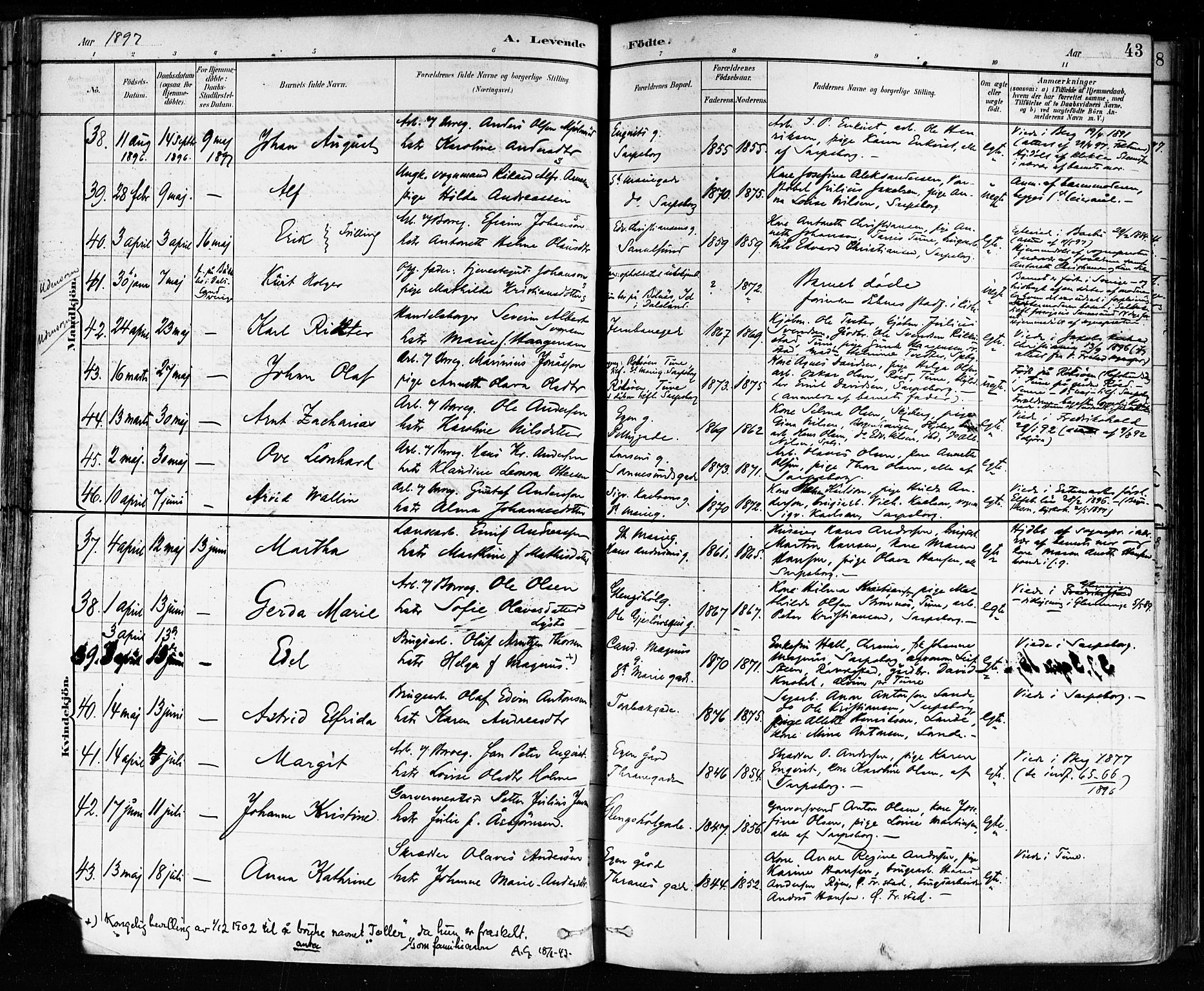 Sarpsborg prestekontor Kirkebøker, AV/SAO-A-2006/F/Fa/L0004: Parish register (official) no. 4, 1892-1899, p. 43