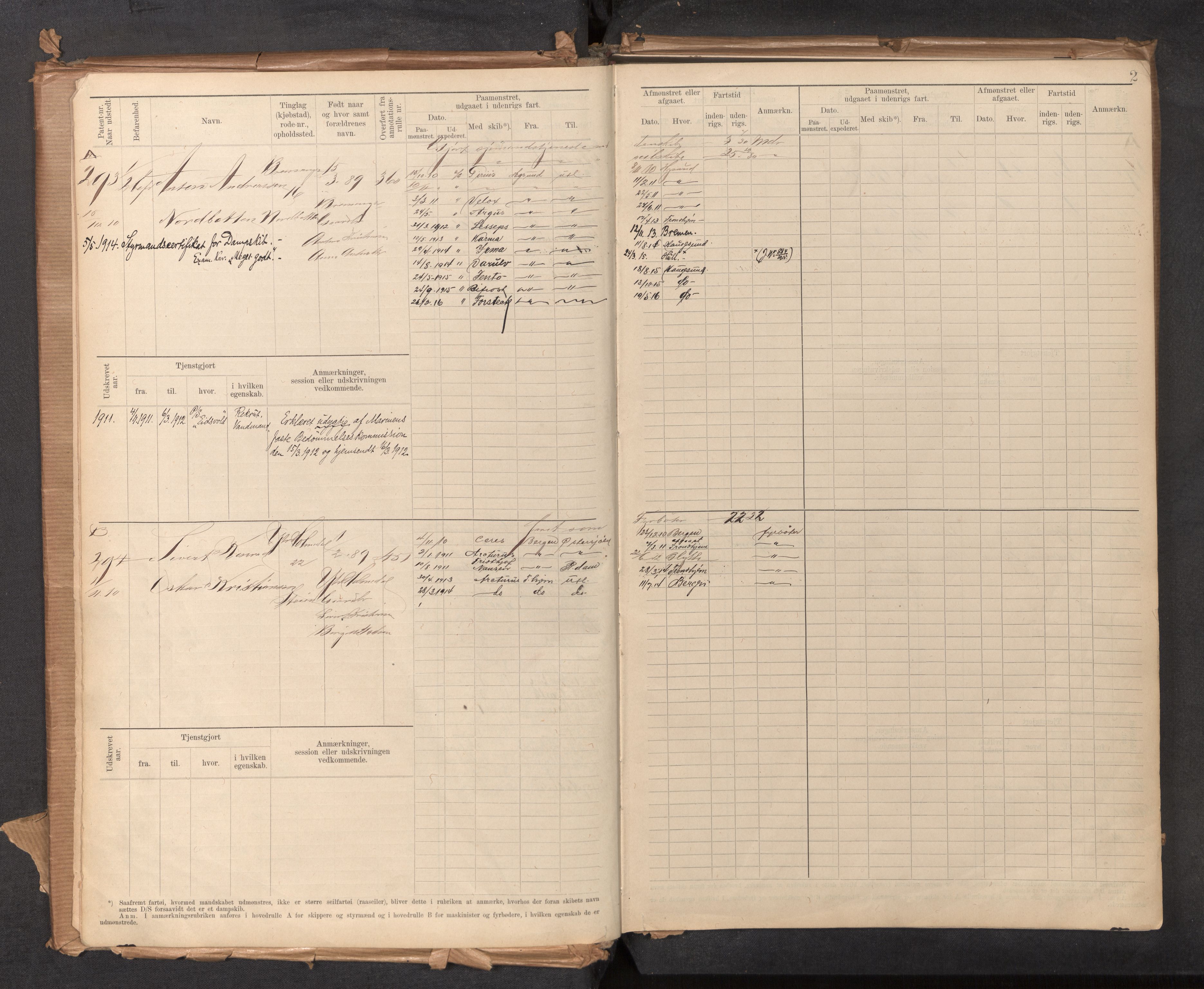 Innrulleringssjefen i Bergen, AV/SAB-A-100050/F/Fg/L0002: Sjøfartshovedrulle, nr. 291 - 376, 1910-1929, p. 2