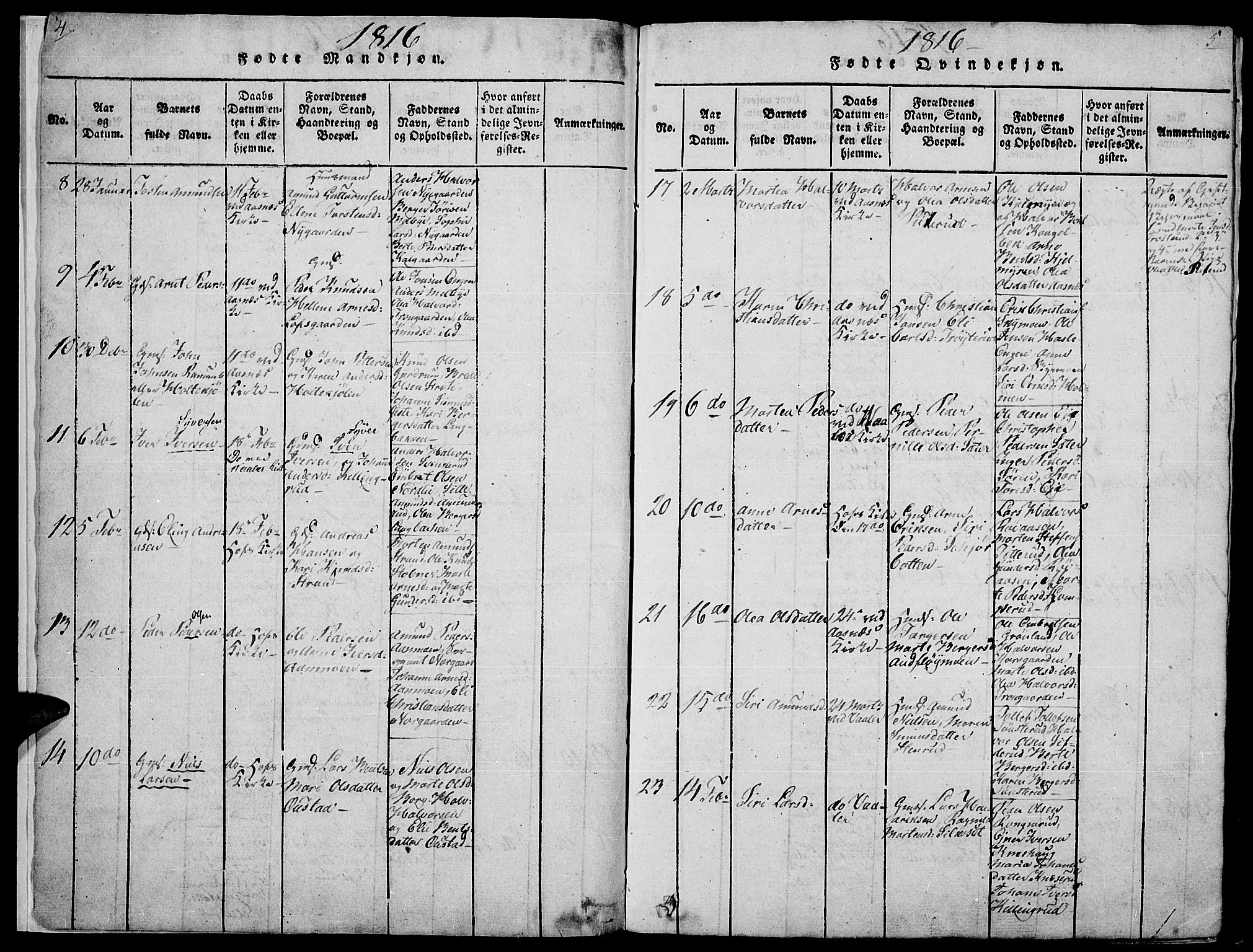 Hof prestekontor, SAH/PREST-038/H/Ha/Haa/L0005: Parish register (official) no. 5, 1816-1822, p. 4-5