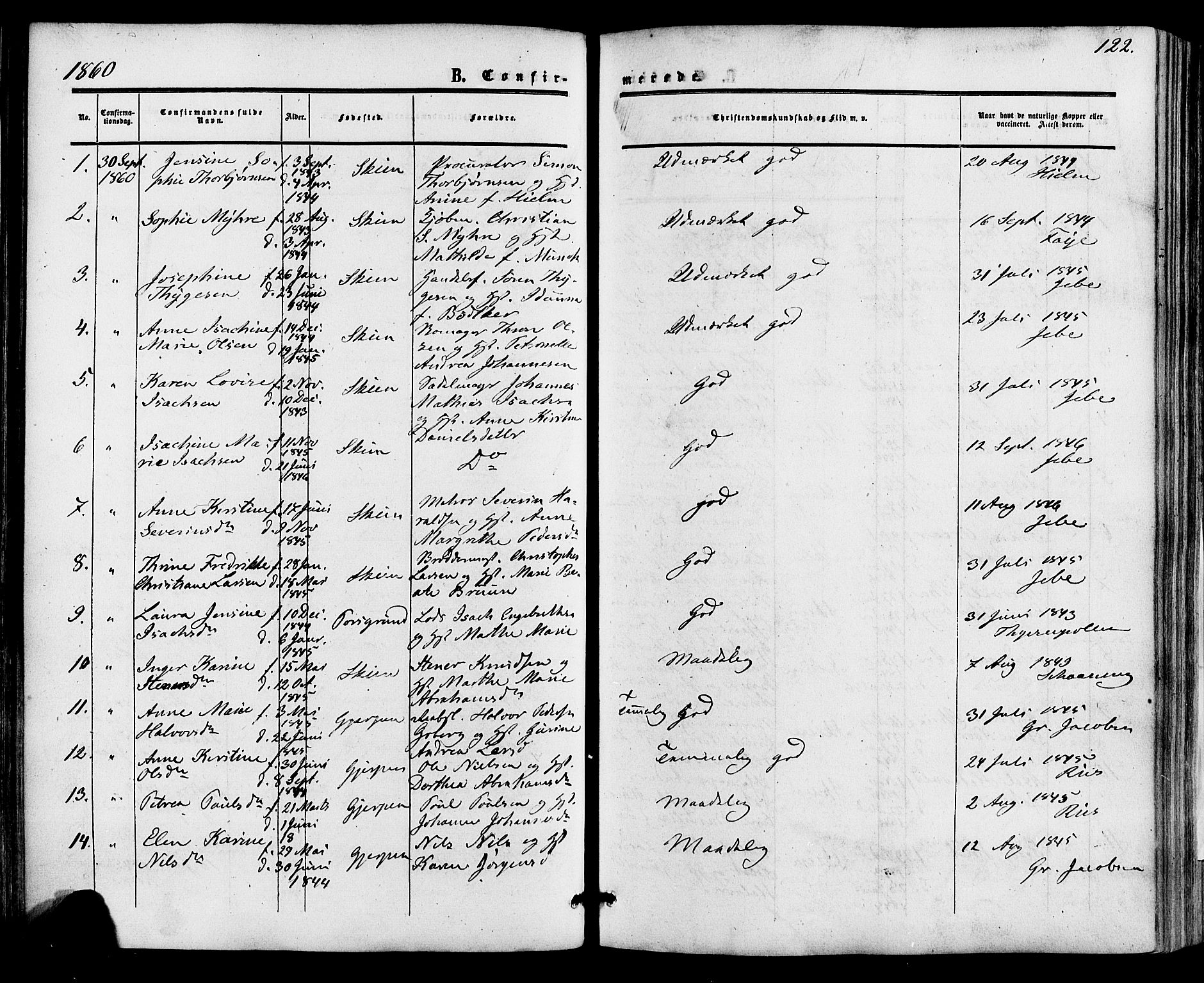 Skien kirkebøker, SAKO/A-302/F/Fa/L0007: Parish register (official) no. 7, 1856-1865, p. 122