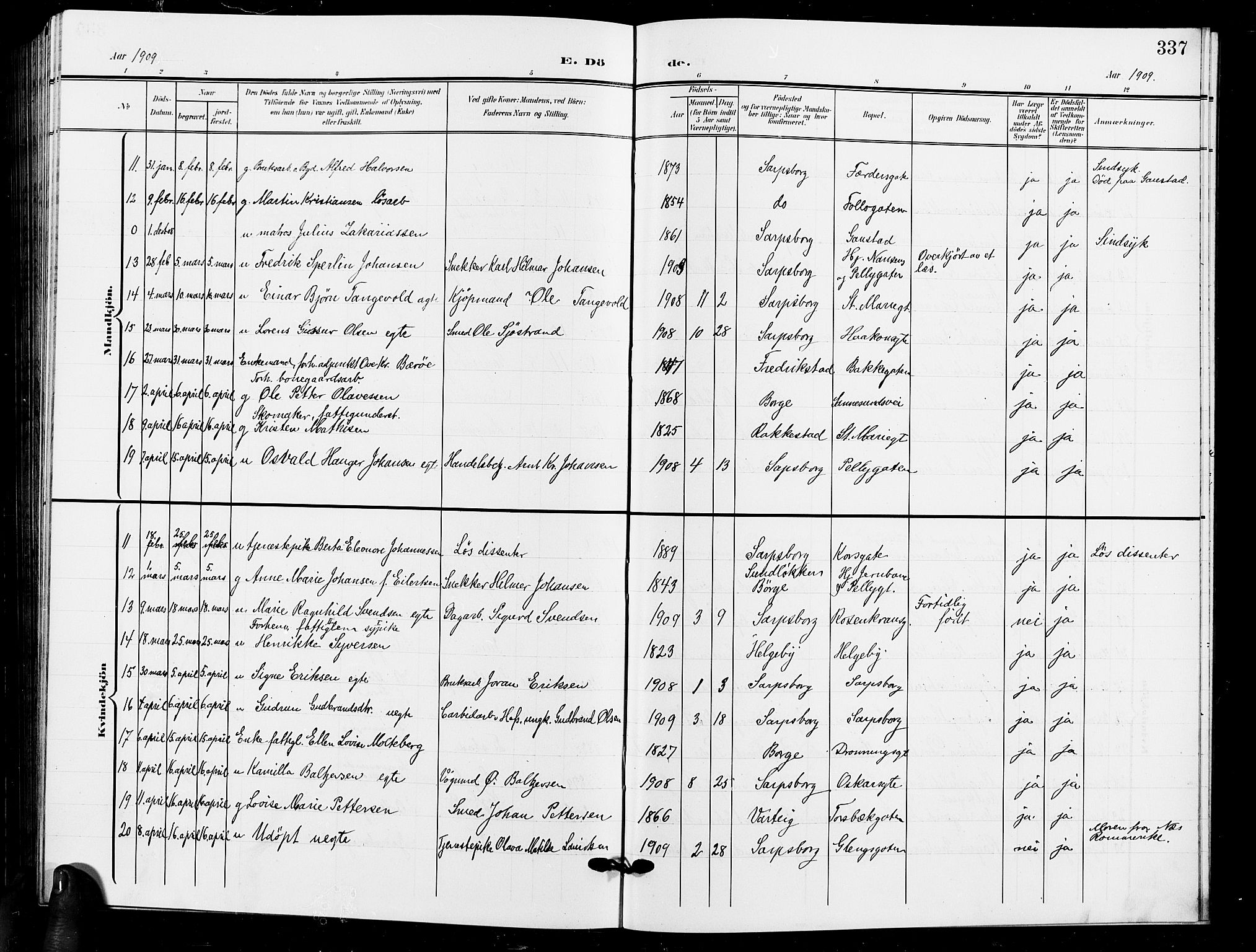 Sarpsborg prestekontor Kirkebøker, AV/SAO-A-2006/G/Ga/L0001: Parish register (copy) no. 1, 1902-1911, p. 337