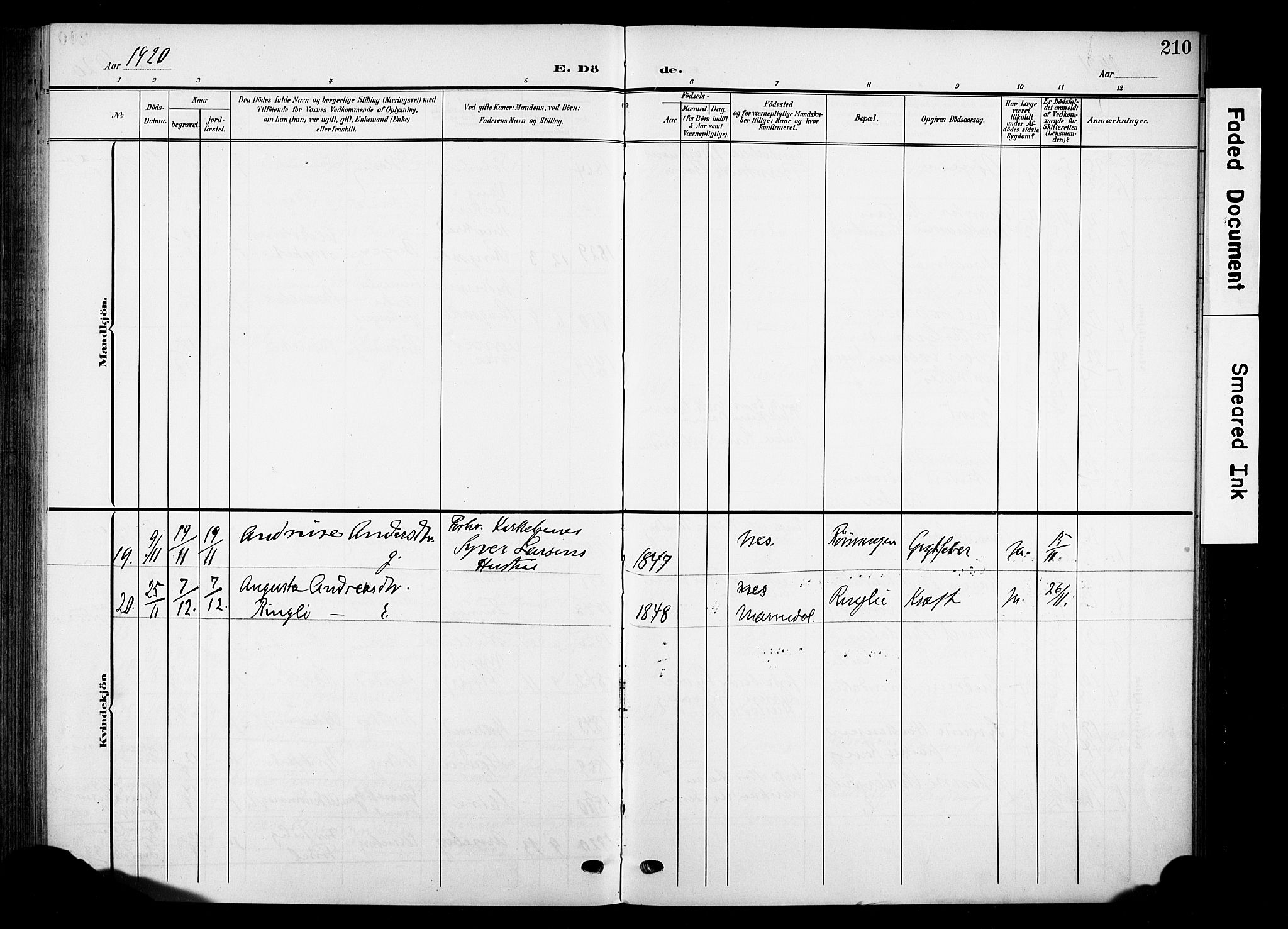 Nes prestekontor, Hedmark, SAH/PREST-020/K/Ka/L0013: Parish register (official) no. 13, 1906-1924, p. 210