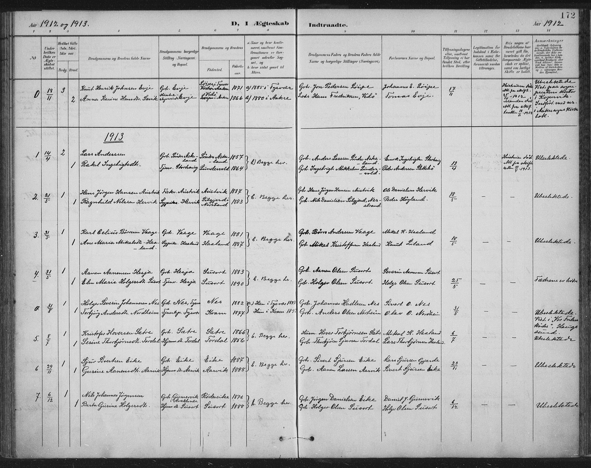 Tysvær sokneprestkontor, AV/SAST-A -101864/H/Ha/Haa/L0008: Parish register (official) no. A 8, 1897-1918, p. 172