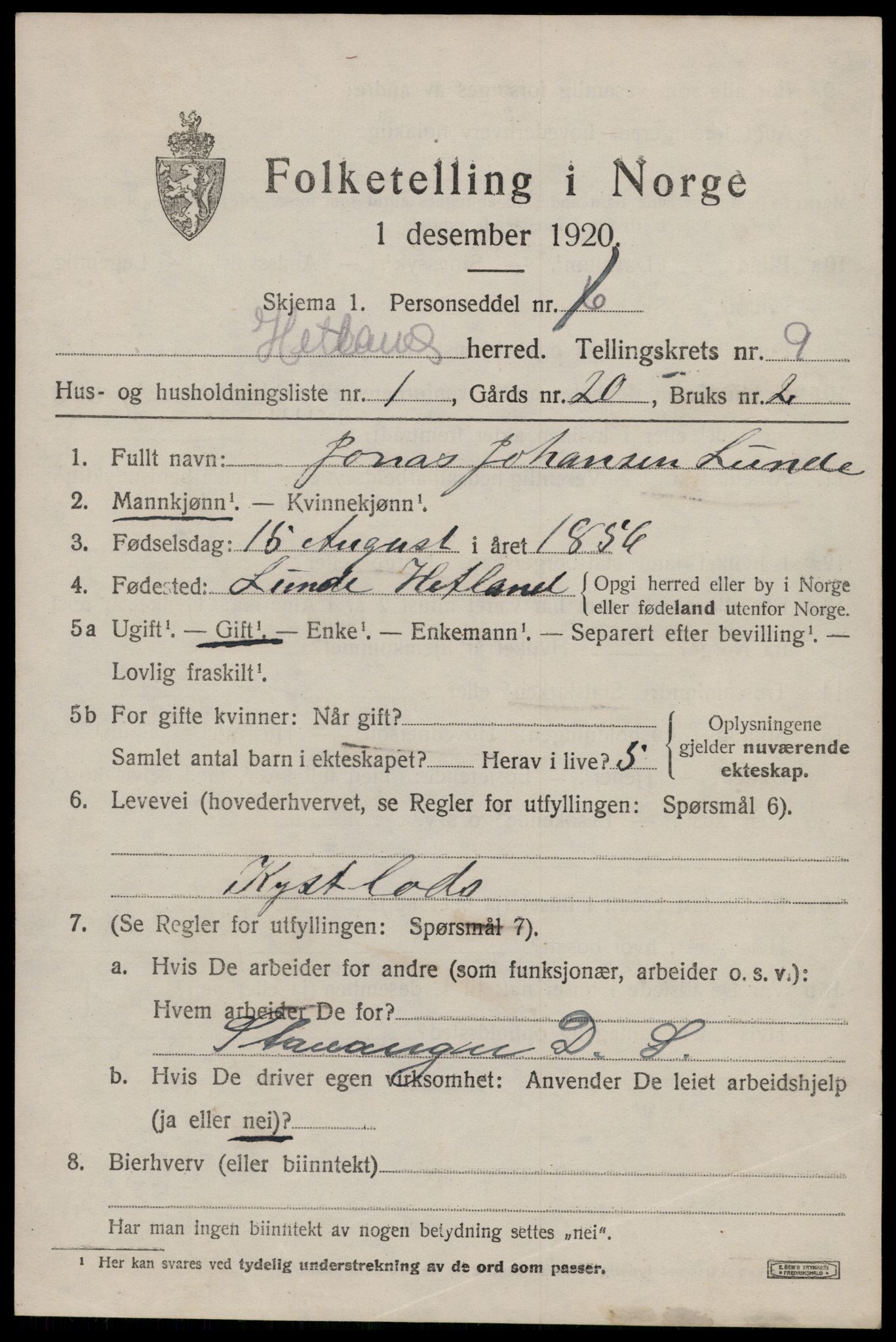 SAST, 1920 census for Hetland, 1920, p. 17717