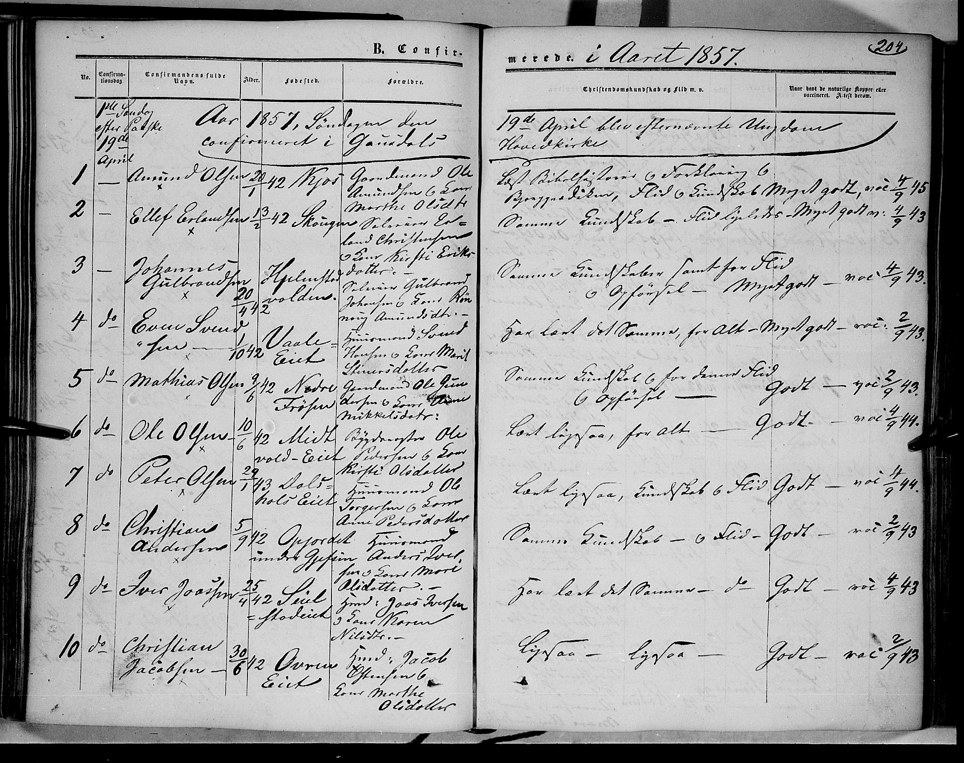 Gausdal prestekontor, SAH/PREST-090/H/Ha/Haa/L0008: Parish register (official) no. 8, 1850-1861, p. 204