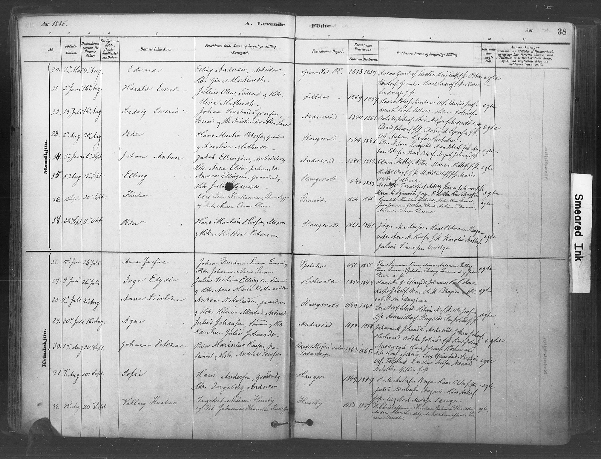 Råde prestekontor kirkebøker, AV/SAO-A-2009/F/Fa/L0007: Parish register (official) no. 7, 1878-1902, p. 38