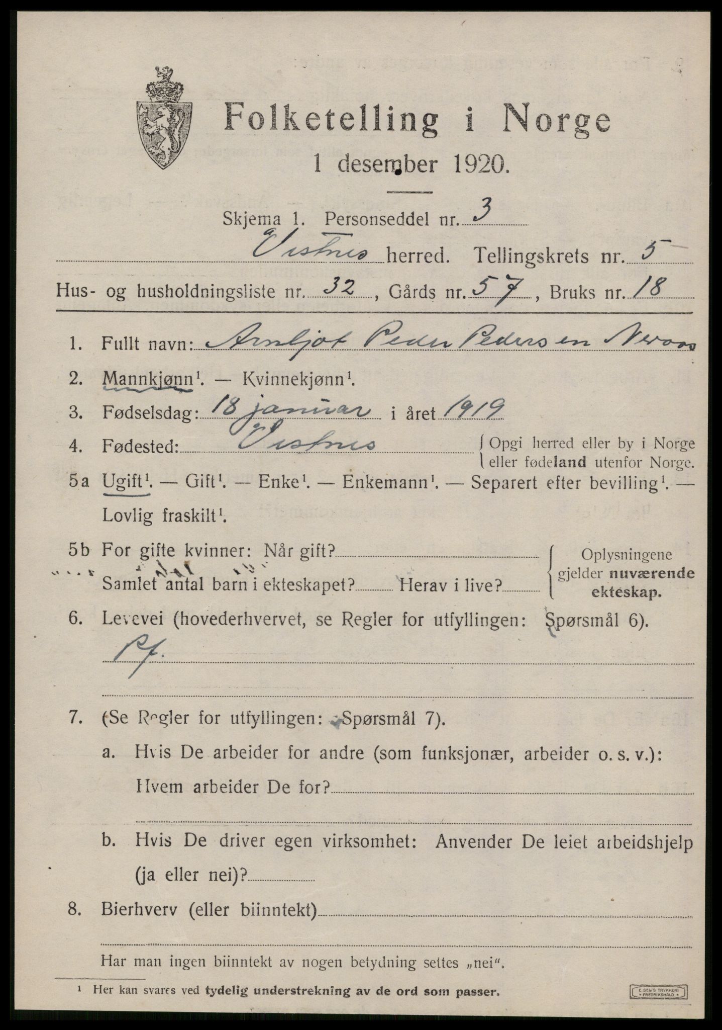 SAT, 1920 census for Vestnes, 1920, p. 4305