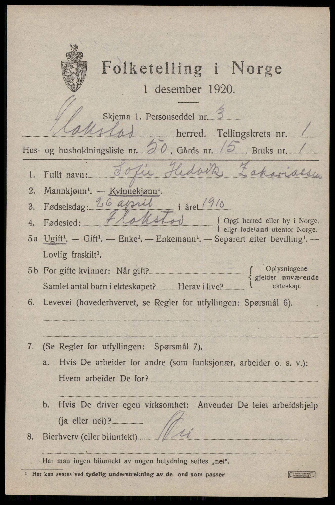 SAT, 1920 census for Flakstad, 1920, p. 1205