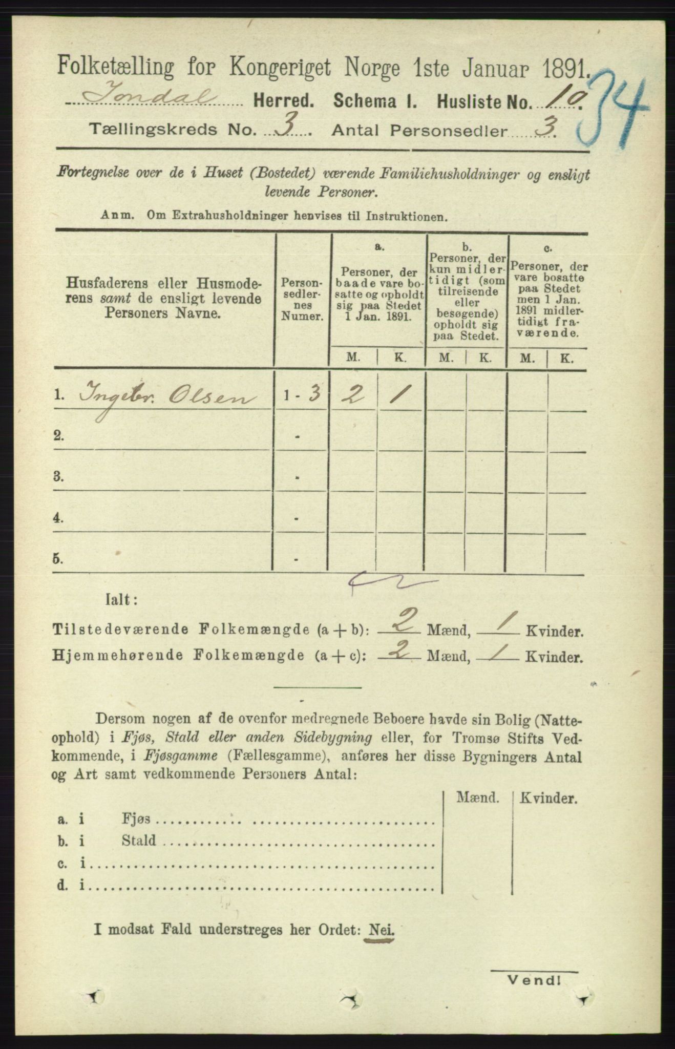 RA, 1891 census for 1227 Jondal, 1891, p. 1189