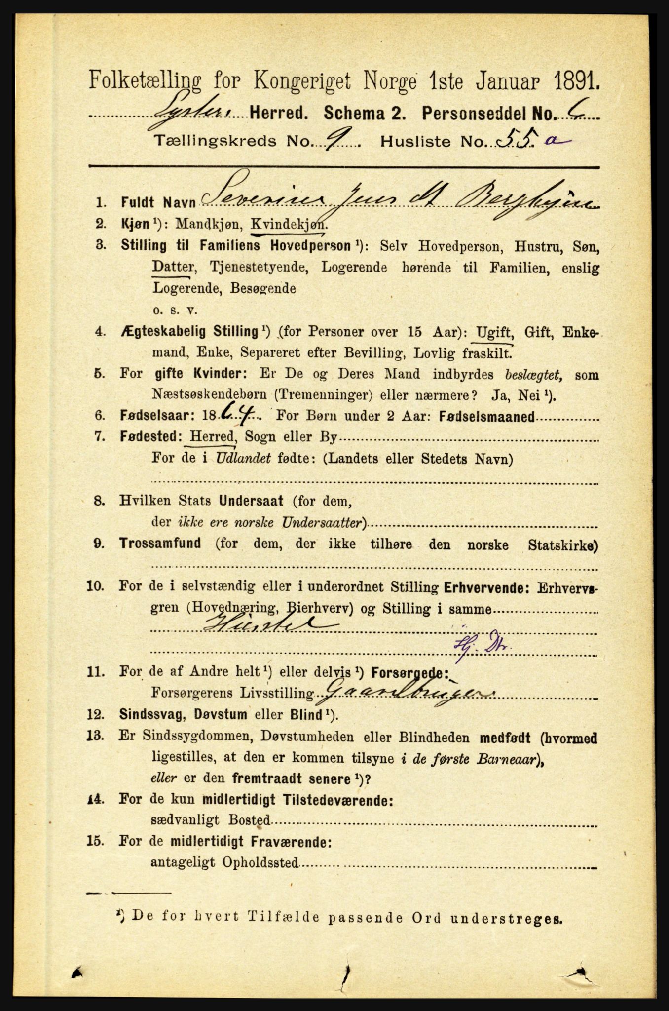 RA, 1891 census for 1426 Luster, 1891, p. 3085