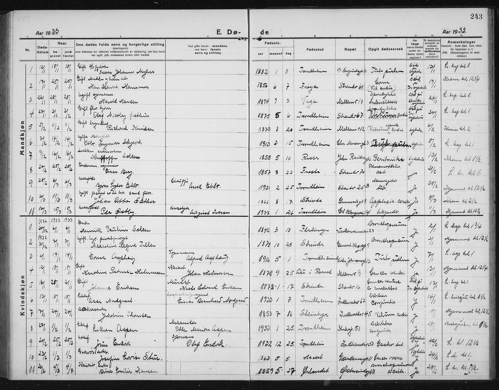 Ministerialprotokoller, klokkerbøker og fødselsregistre - Sør-Trøndelag, SAT/A-1456/605/L0260: Parish register (copy) no. 605C07, 1922-1942, p. 243