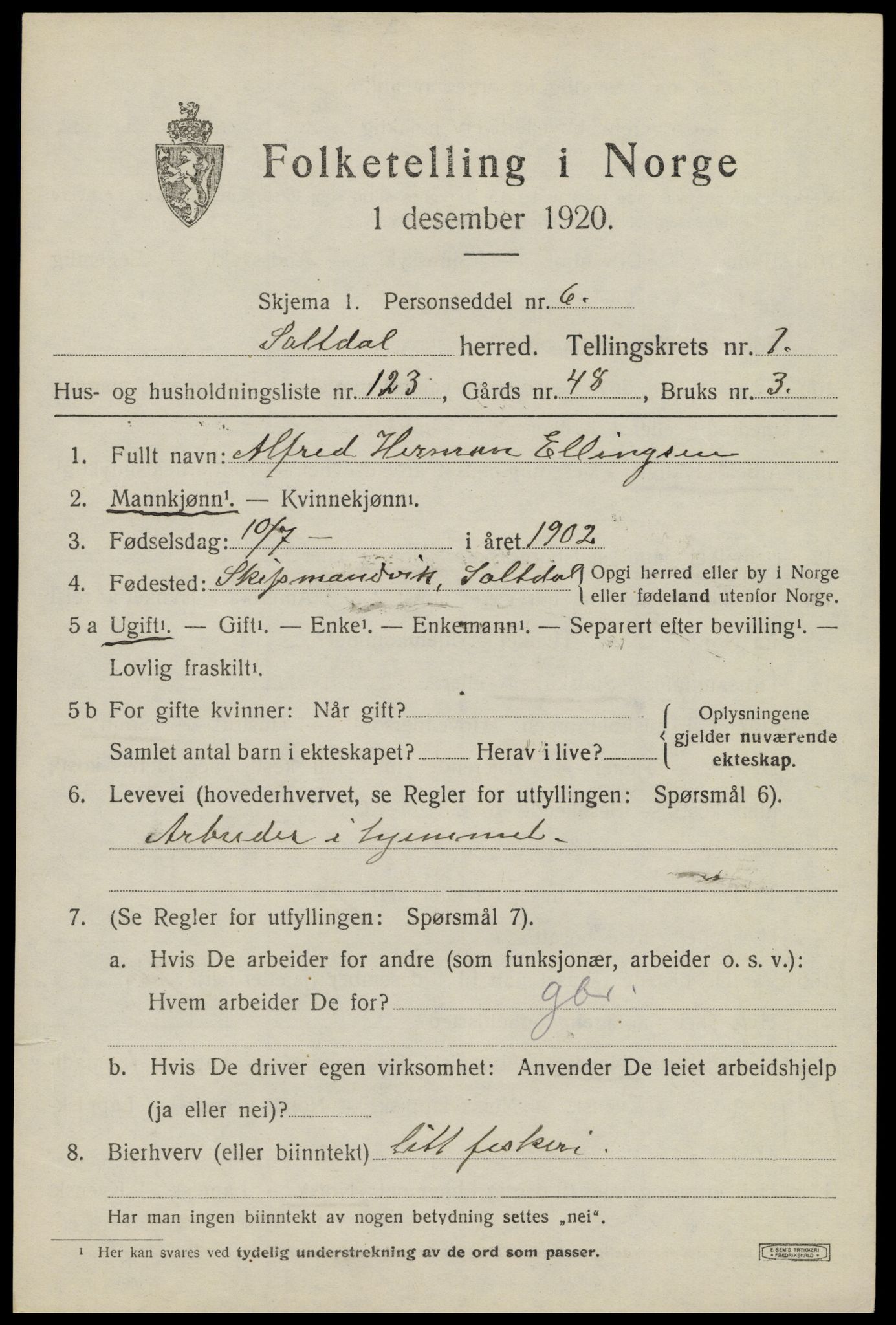 SAT, 1920 census for Saltdal, 1920, p. 2835