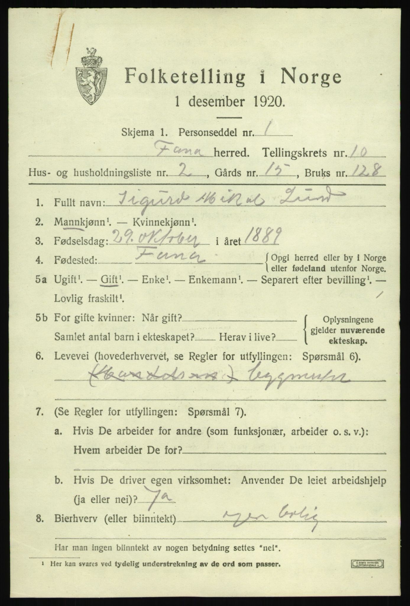 SAB, 1920 census for Fana, 1920, p. 16601