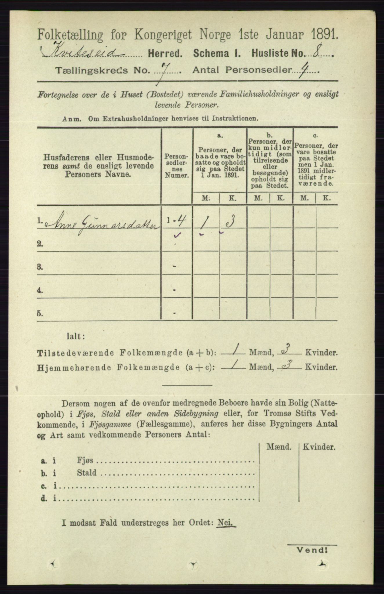 RA, 1891 census for 0829 Kviteseid, 1891, p. 1337