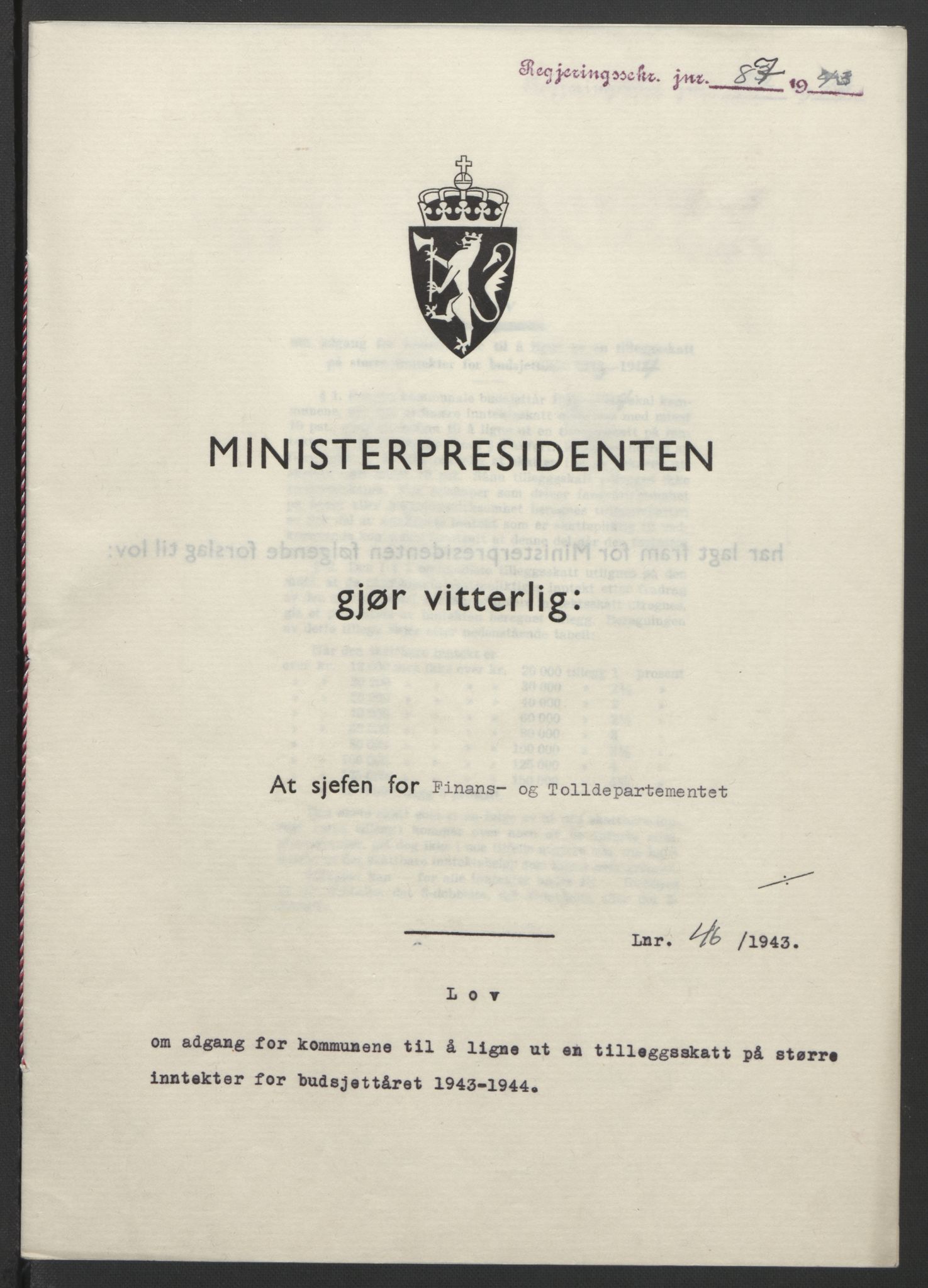 NS-administrasjonen 1940-1945 (Statsrådsekretariatet, de kommisariske statsråder mm), RA/S-4279/D/Db/L0099: Lover, 1943, p. 200