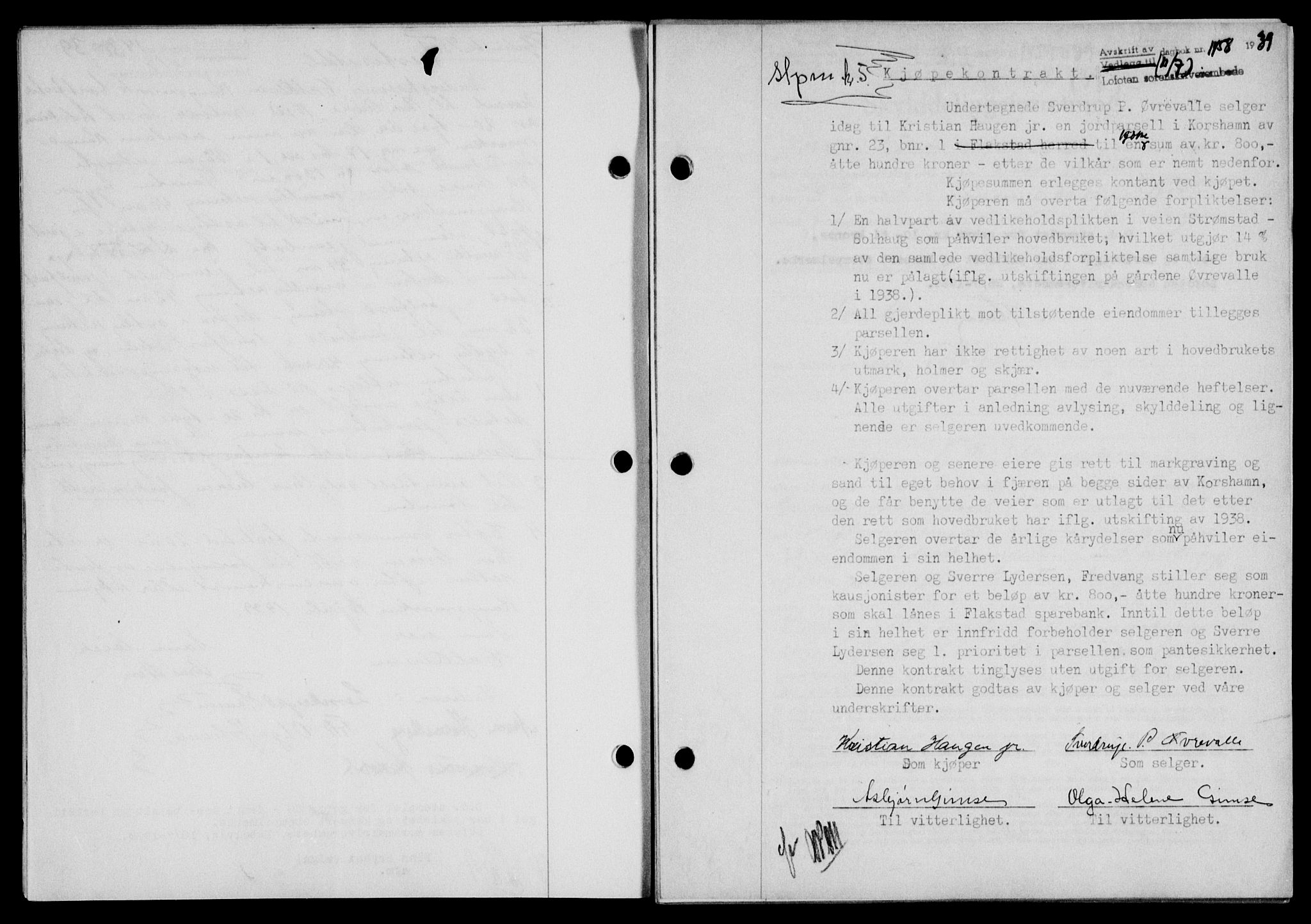 Lofoten sorenskriveri, SAT/A-0017/1/2/2C/L0006a: Mortgage book no. 6a, 1939-1939, Diary no: : 1458/1939