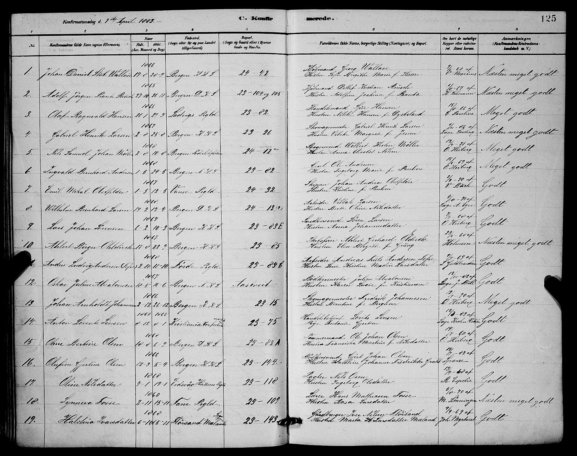 Mariakirken Sokneprestembete, AV/SAB-A-76901/H/Hab/L0004: Parish register (copy) no. A 4, 1878-1892, p. 125