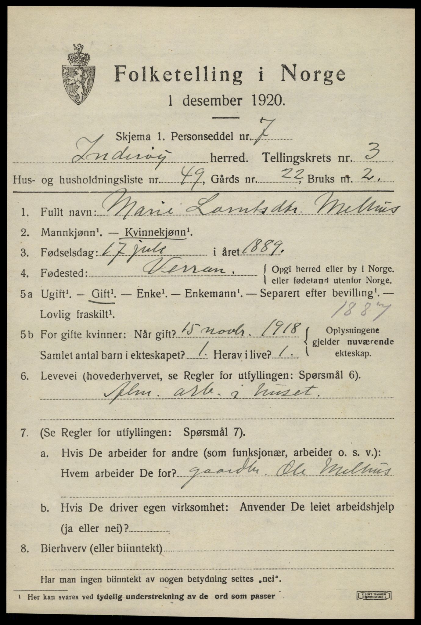 SAT, 1920 census for Inderøy, 1920, p. 3227