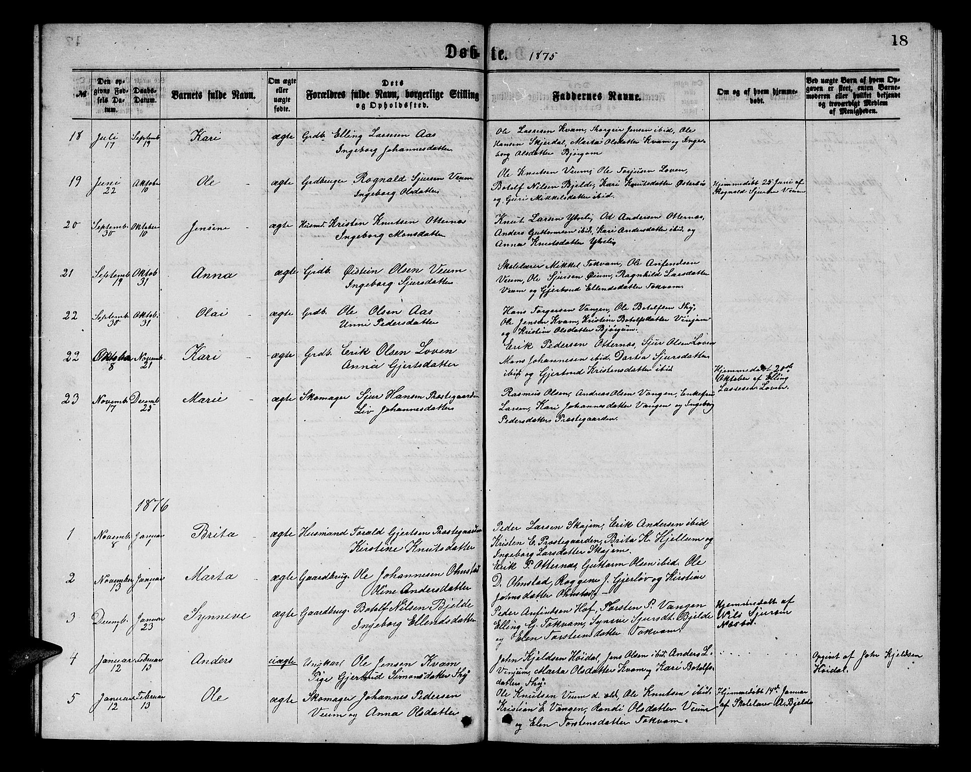 Aurland sokneprestembete, SAB/A-99937/H/Hb/Hba/L0001: Parish register (copy) no. A 1, 1868-1881, p. 18