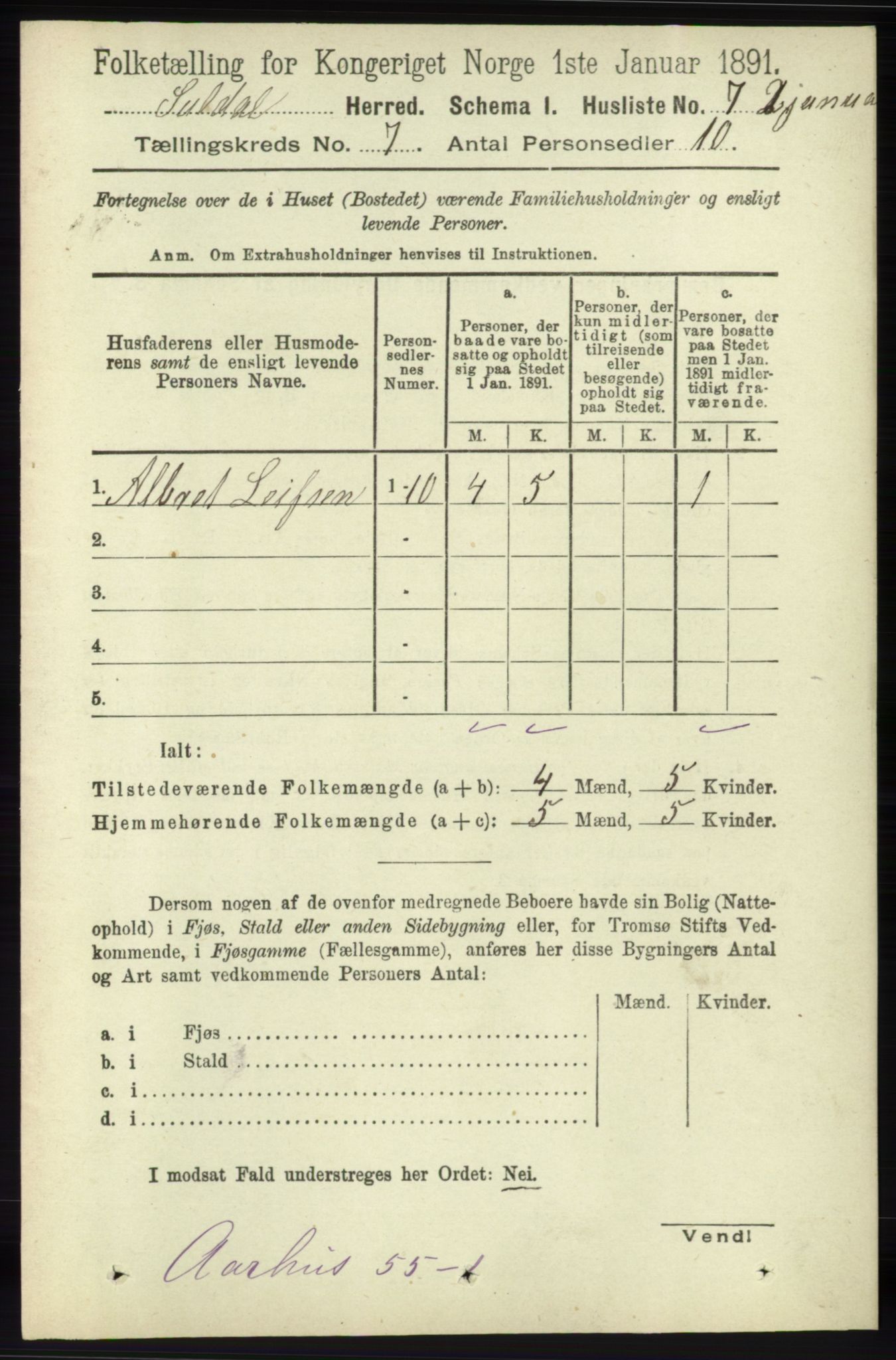 RA, 1891 census for 1134 Suldal, 1891, p. 1945