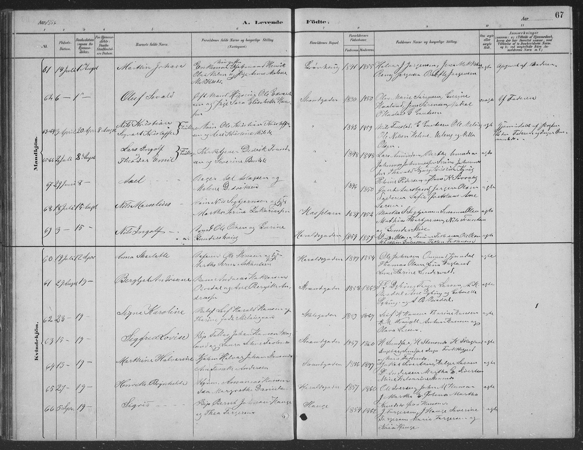 Haugesund sokneprestkontor, AV/SAST-A -101863/H/Ha/Hab/L0002: Parish register (copy) no. B 2, 1881-1894, p. 67