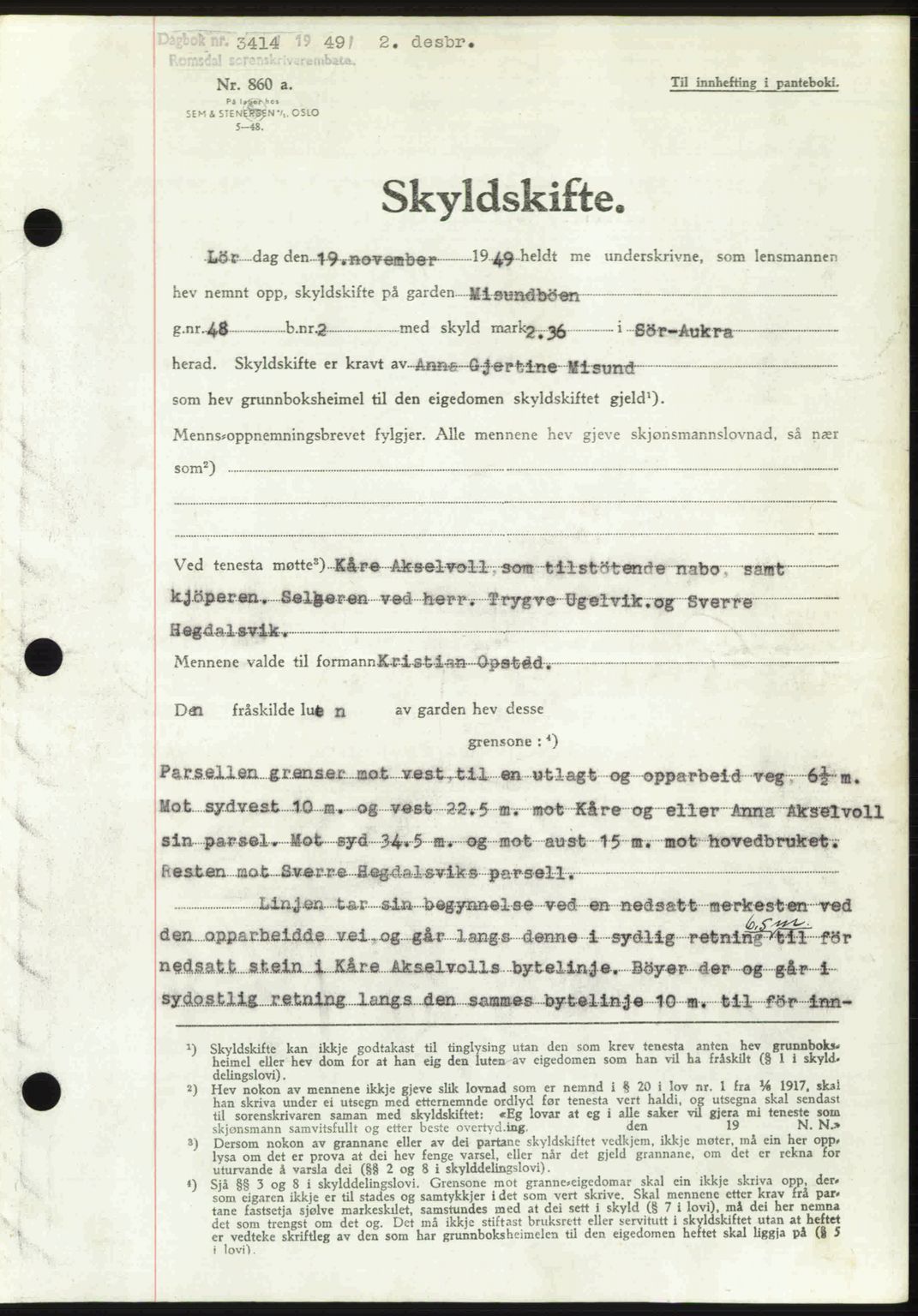 Romsdal sorenskriveri, AV/SAT-A-4149/1/2/2C: Mortgage book no. A31, 1949-1949, Diary no: : 3414/1949