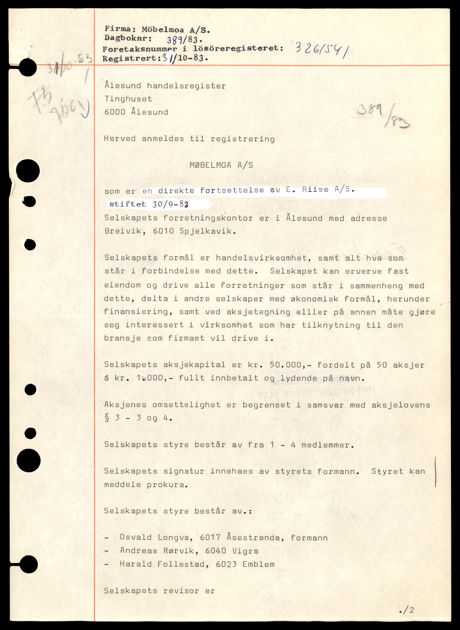 Ålesund sorenskriveri, AV/SAT-A-4383/2/J/Jd/Jde/L0051: Bilag. Aksjeselskap og andelslag Mø - Møre K, 1936-1989, p. 3