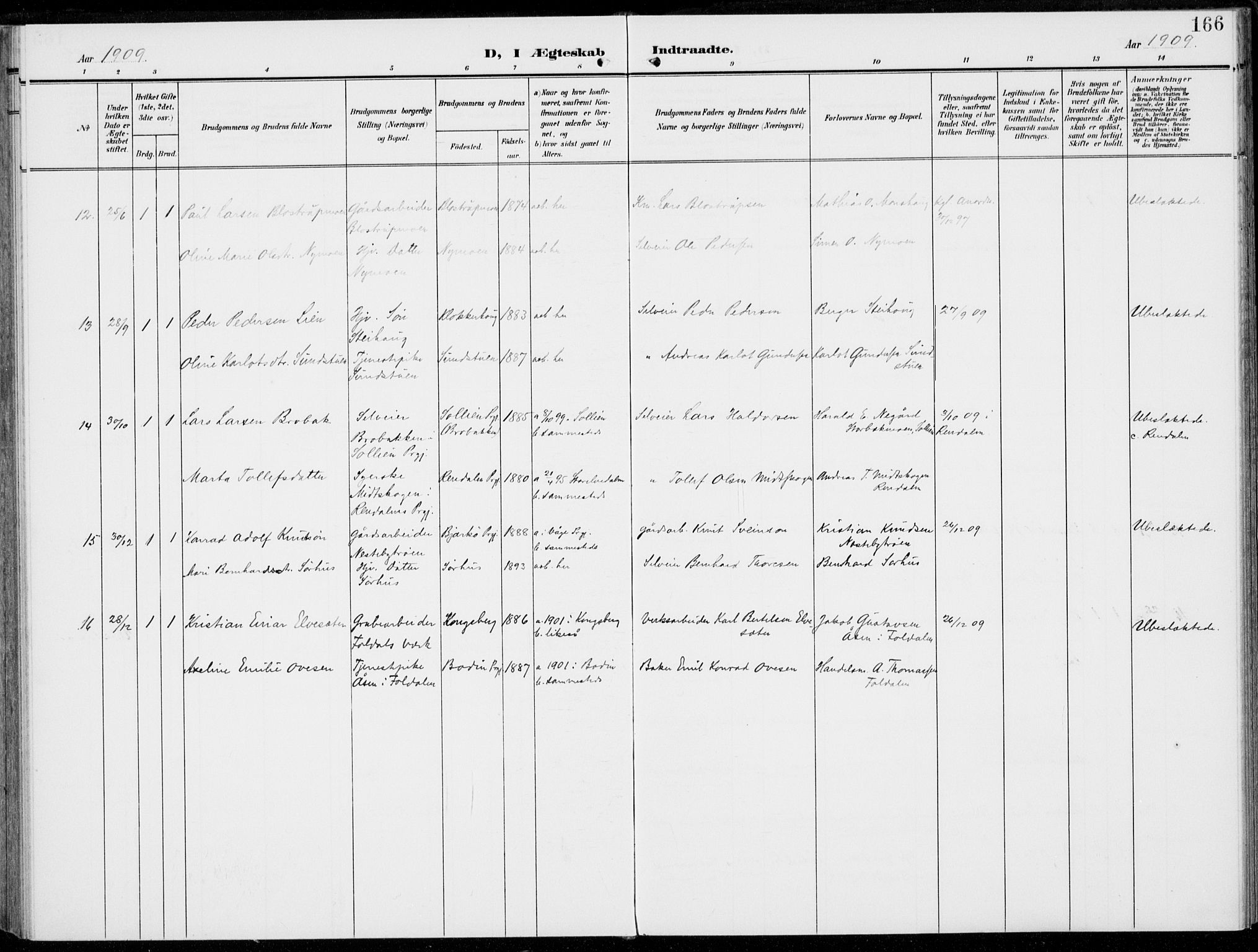 Alvdal prestekontor, AV/SAH-PREST-060/H/Ha/Haa/L0004: Parish register (official) no. 4, 1907-1919, p. 166