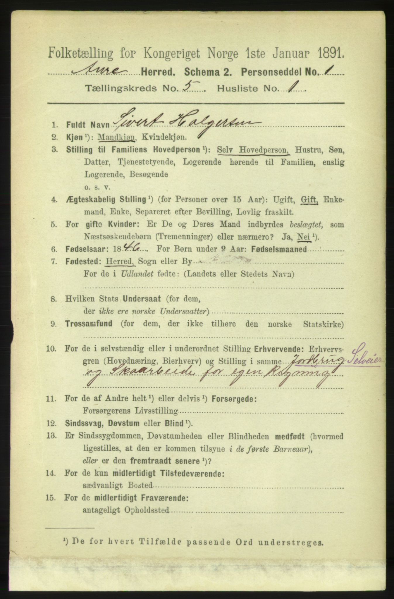 RA, 1891 census for 1569 Aure, 1891, p. 2709