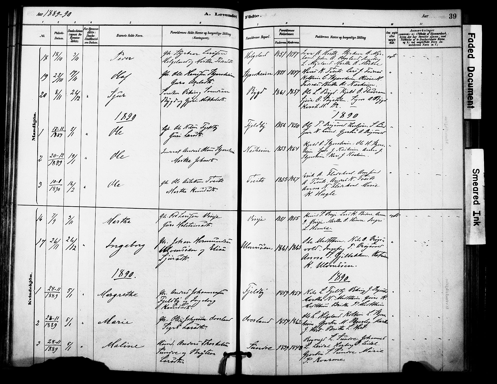 Vossestrand Sokneprestembete, AV/SAB-A-79101/H/Haa: Parish register (official) no. C 1, 1878-1903, p. 39