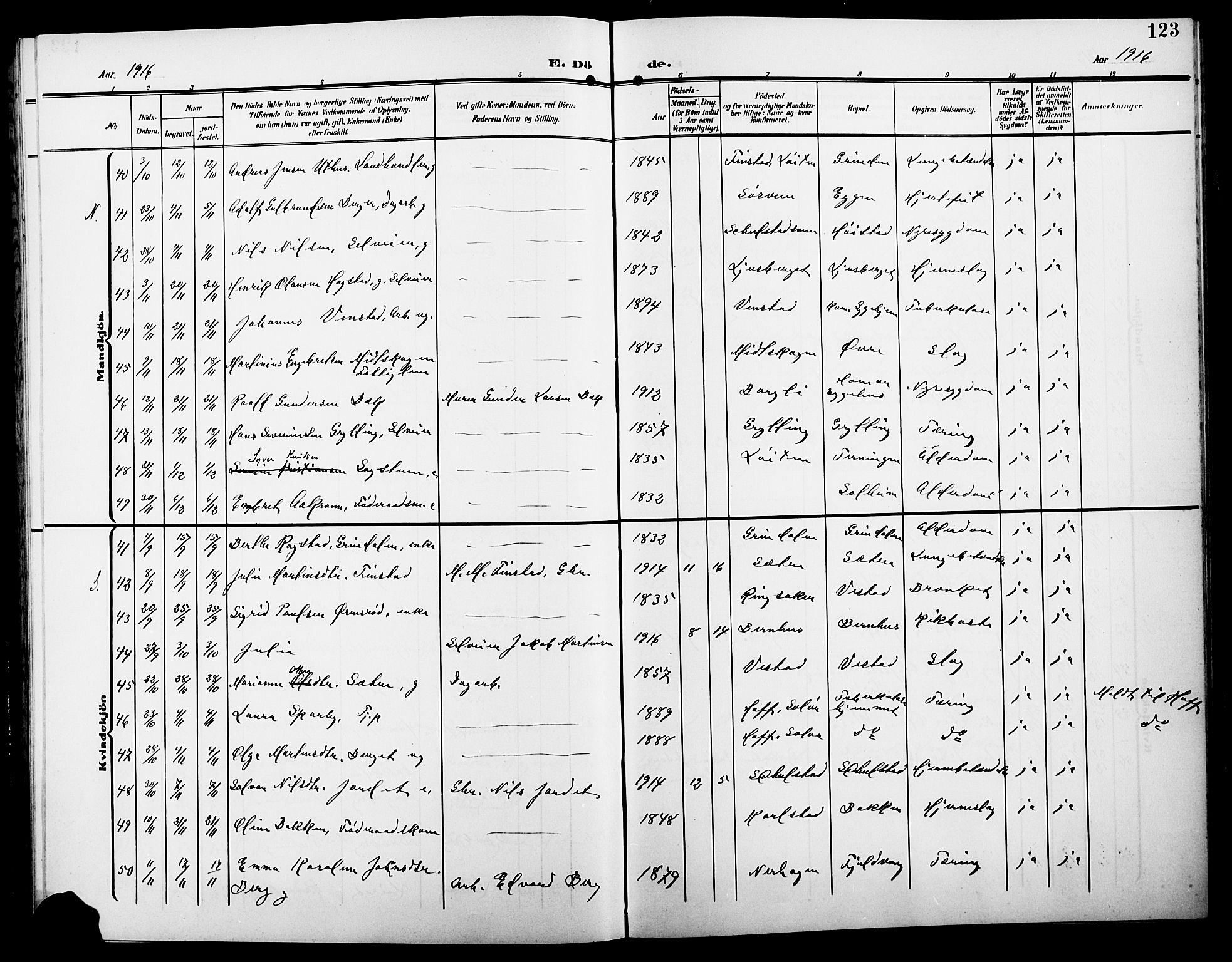 Elverum prestekontor, AV/SAH-PREST-044/H/Ha/Hab/L0009: Parish register (copy) no. 9, 1908-1921, p. 123