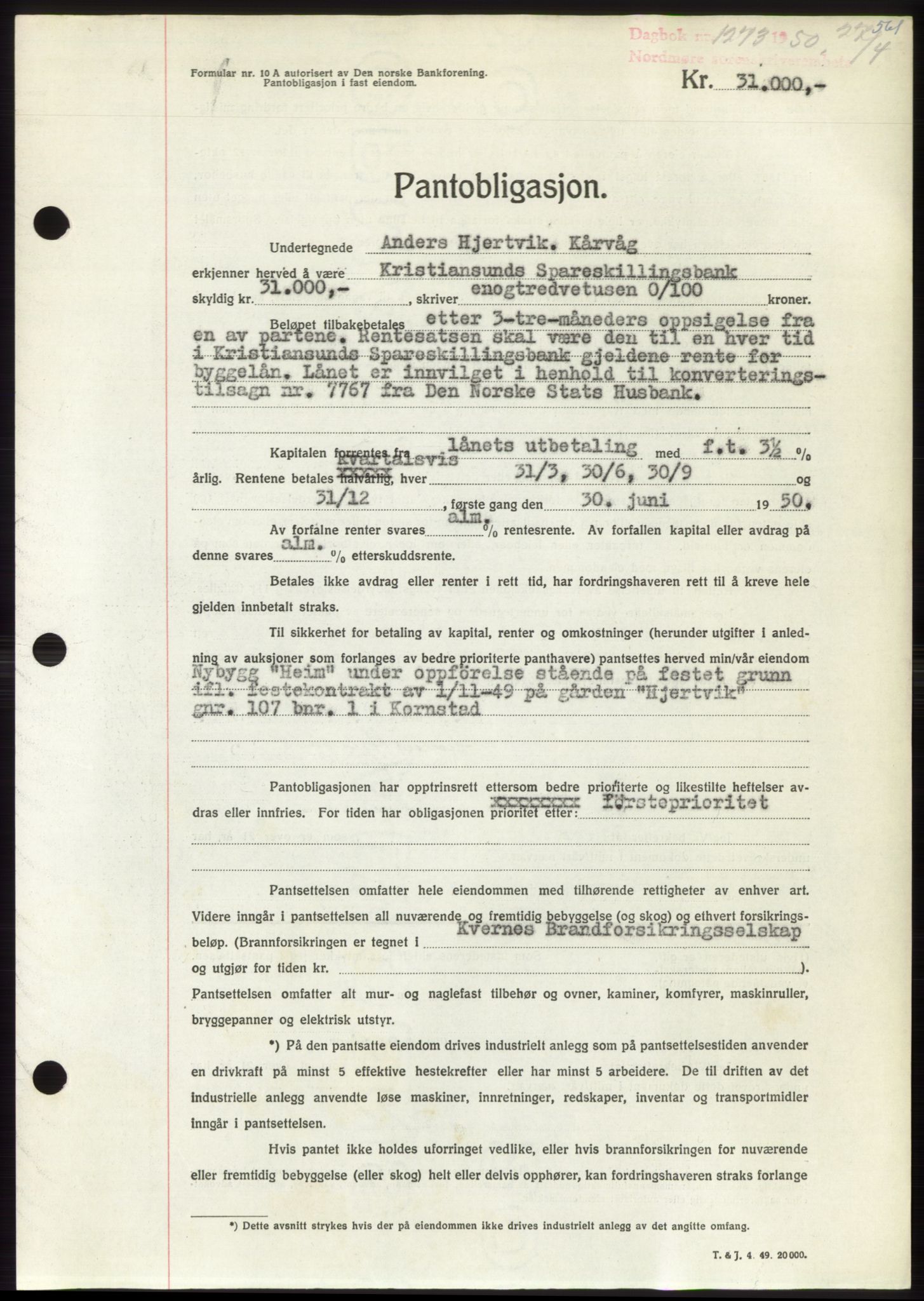 Nordmøre sorenskriveri, AV/SAT-A-4132/1/2/2Ca: Mortgage book no. B104, 1950-1950, Diary no: : 1273/1950