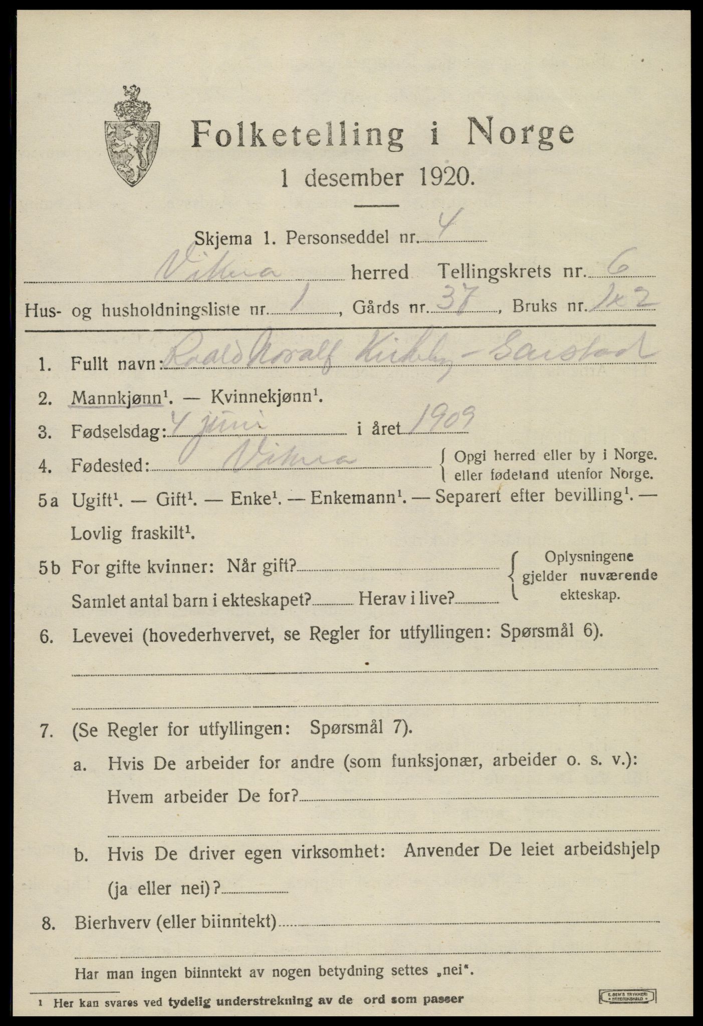 SAT, 1920 census for Vikna, 1920, p. 5003