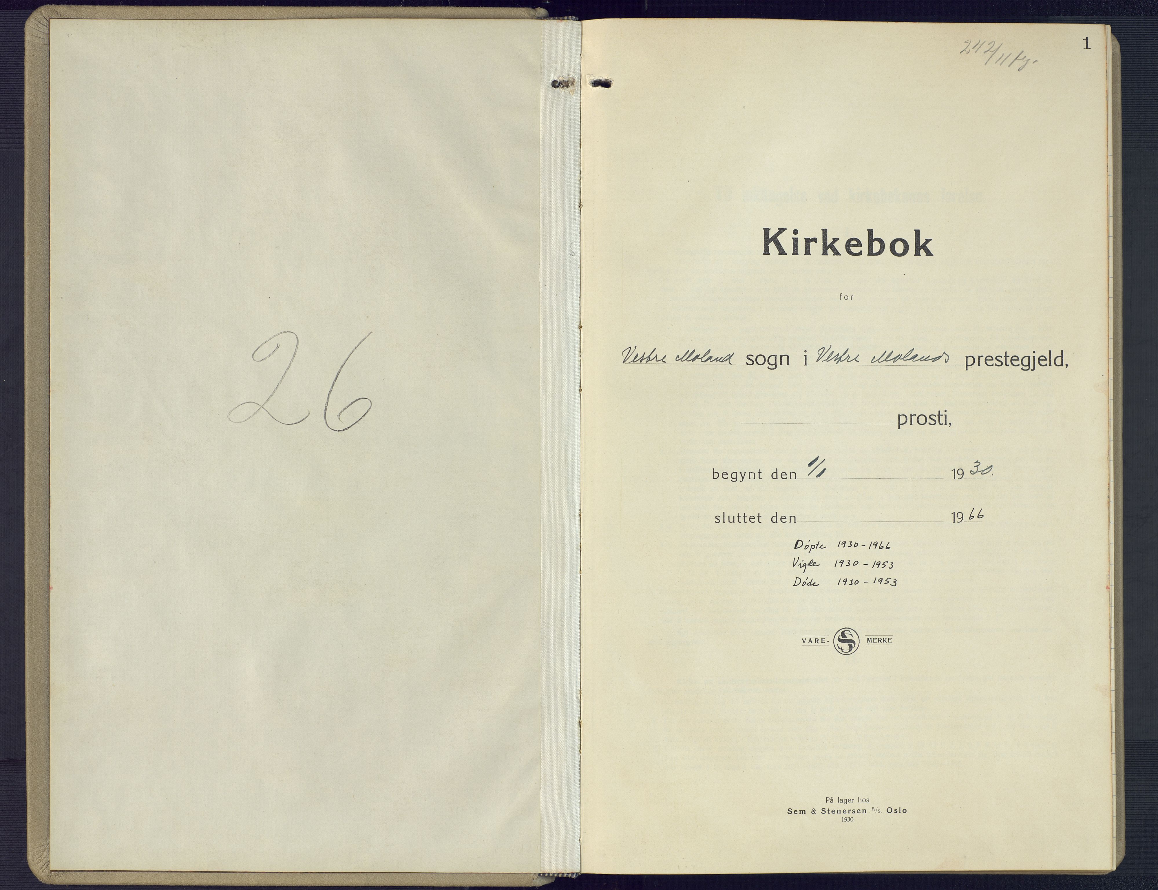 Vestre Moland sokneprestkontor, SAK/1111-0046/F/Fb/Fbb/L0008: Parish register (copy) no. B 8, 1930-1966, p. 1