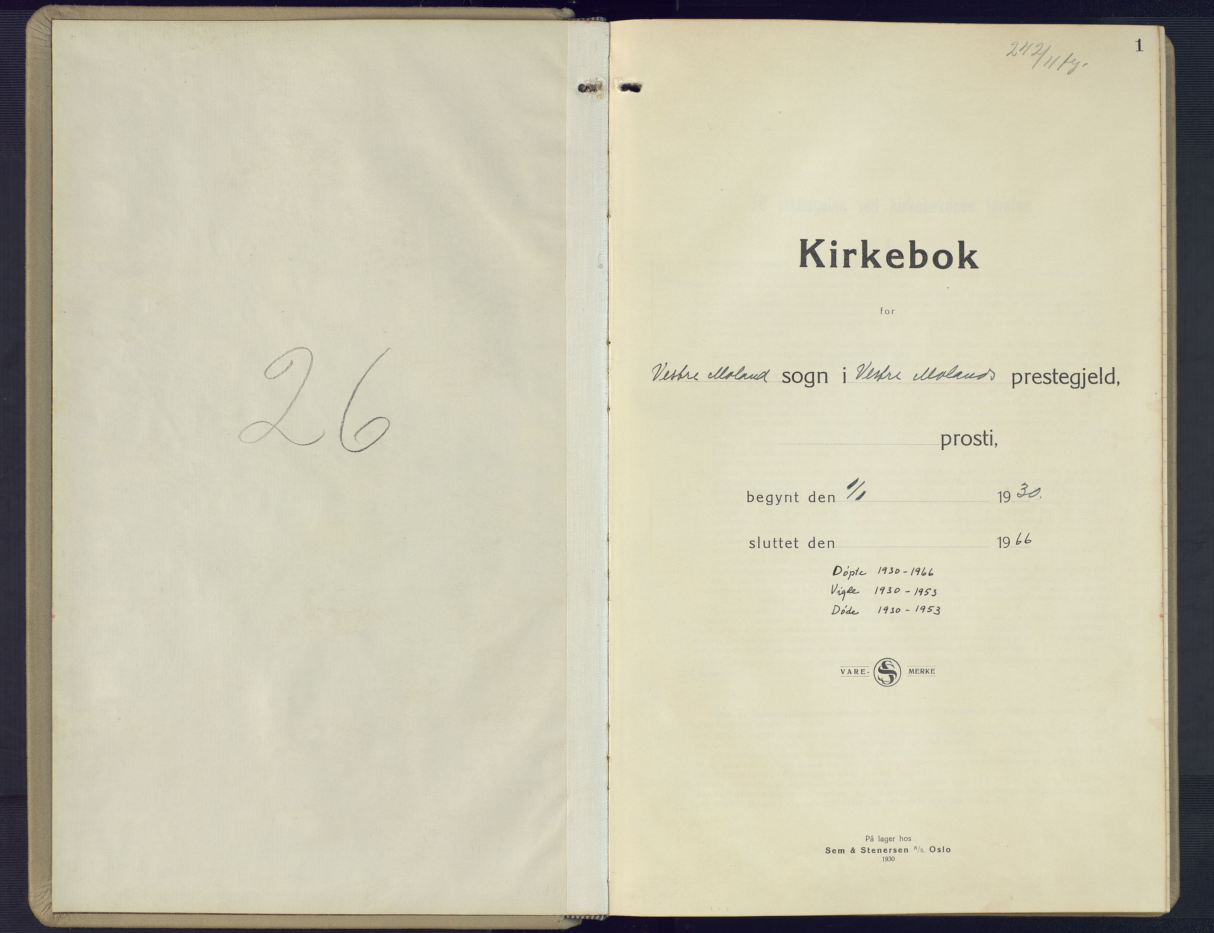 Vestre Moland sokneprestkontor, AV/SAK-1111-0046/F/Fb/Fbb/L0008: Parish register (copy) no. B 8, 1930-1966, p. 1