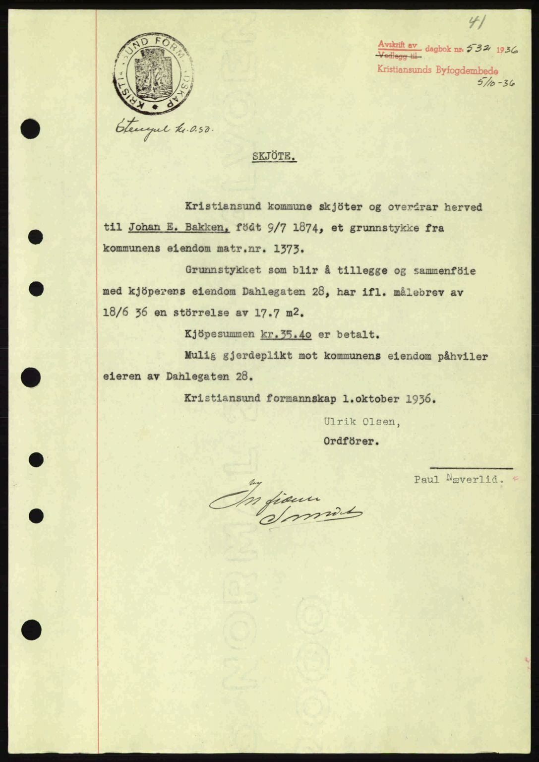 Kristiansund byfogd, AV/SAT-A-4587/A/27: Mortgage book no. 30, 1936-1941, Diary no: : 532/1936