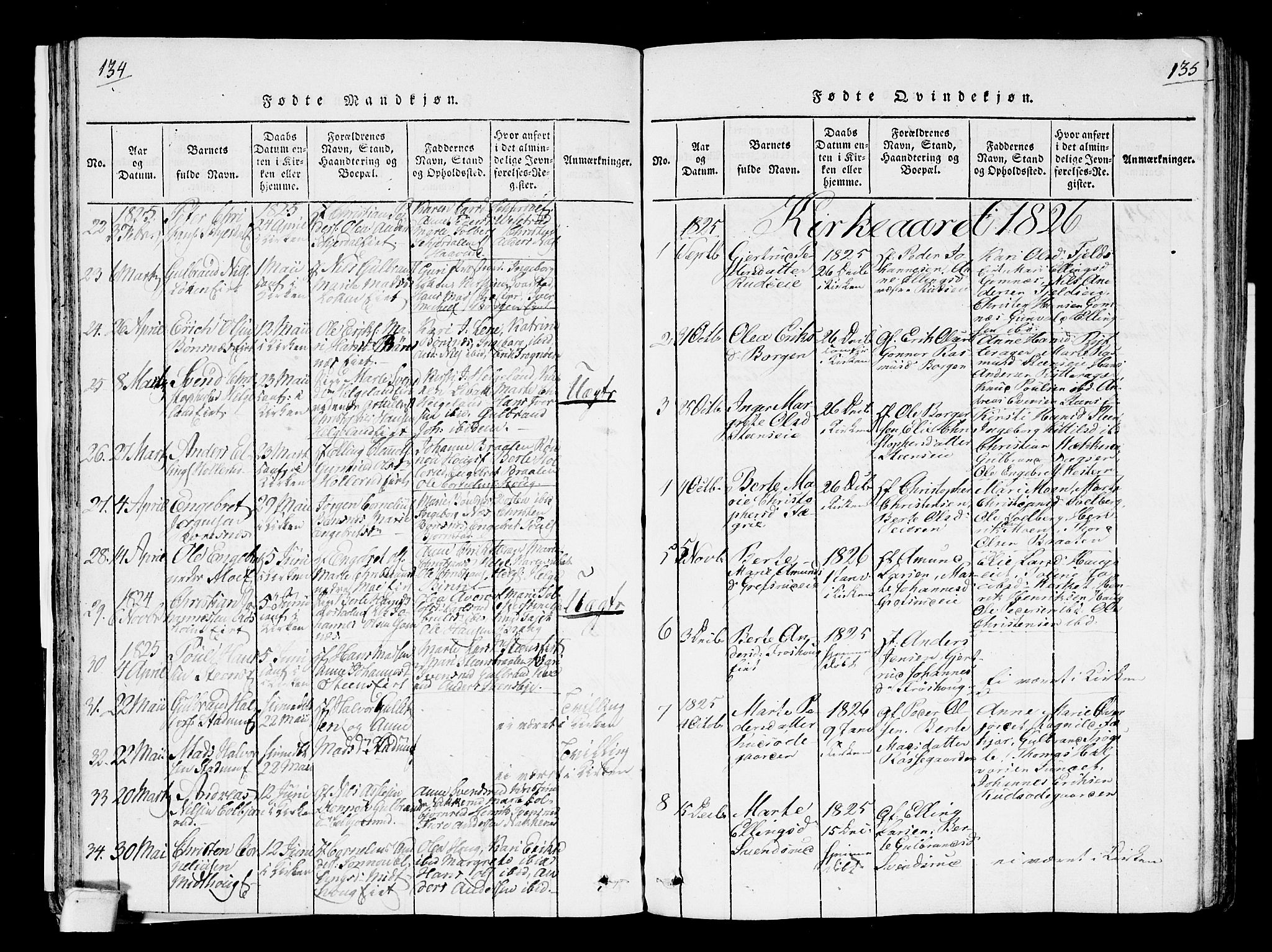 Hole kirkebøker, SAKO/A-228/F/Fa/L0004: Parish register (official) no. I 4, 1814-1833, p. 134-135