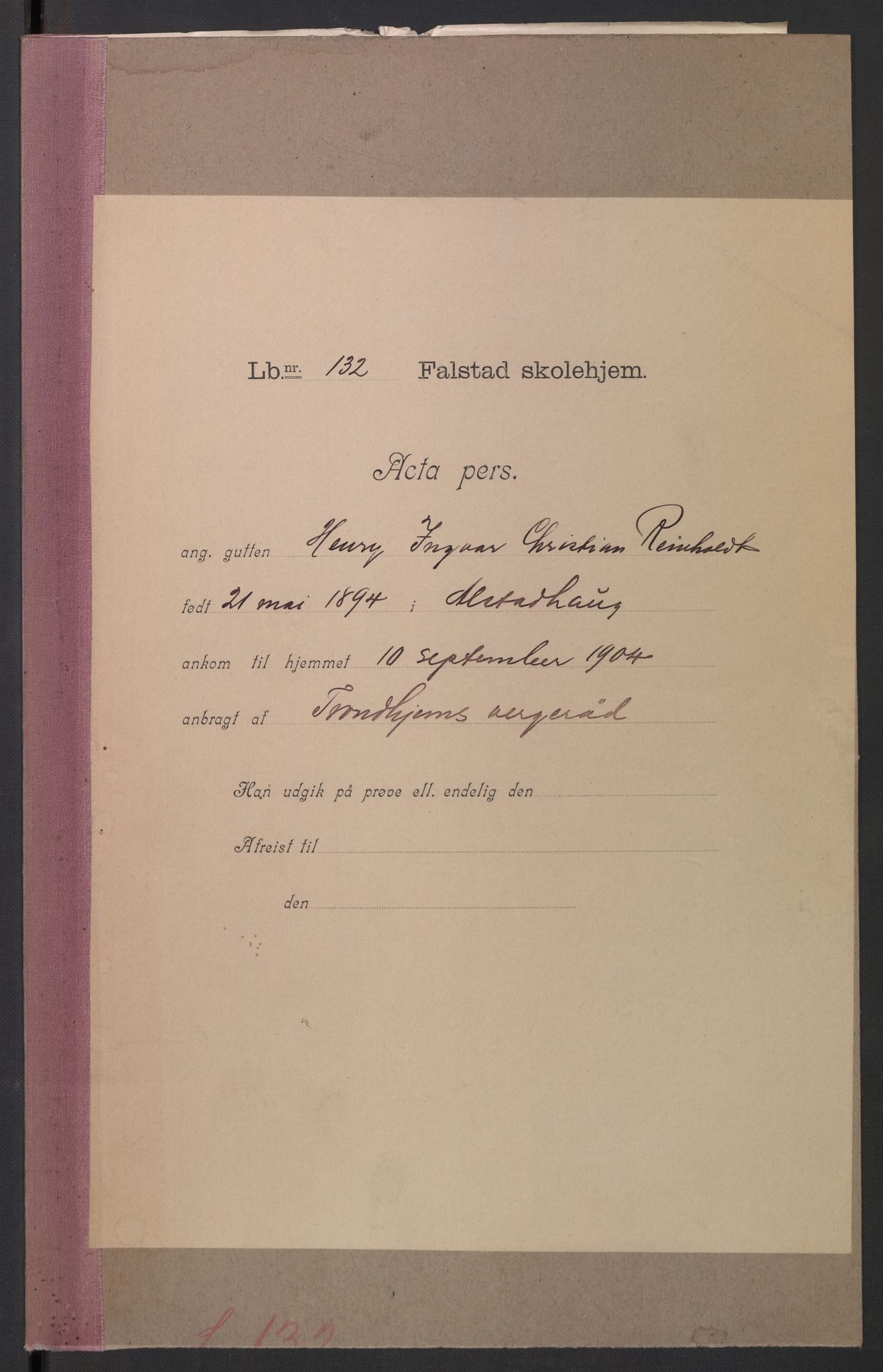 Falstad skolehjem, RA/S-1676/E/Eb/L0006: Elevmapper løpenr. 121-145, 1903-1910, p. 156